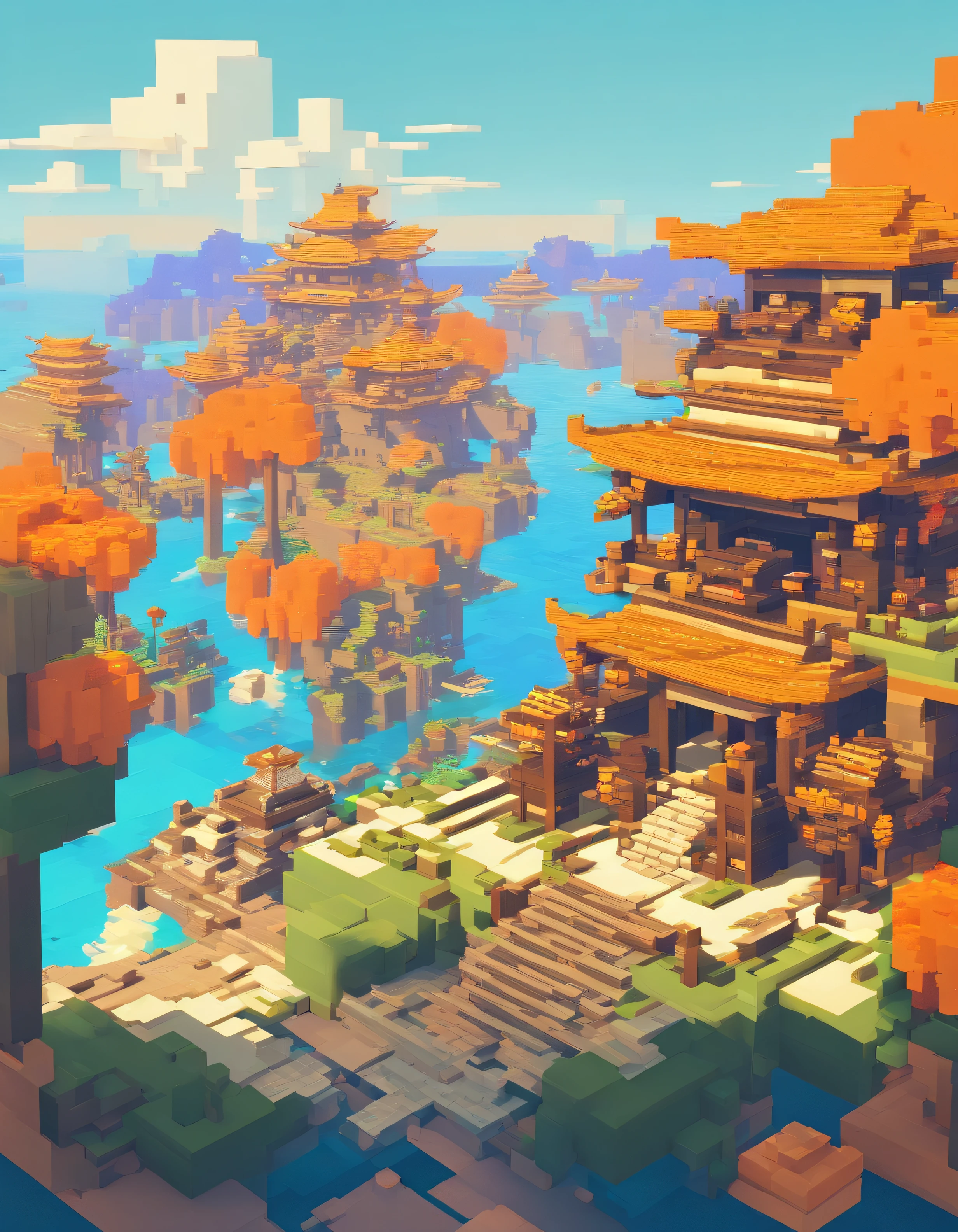 opulent, .3D, Game art, dream magical, Estilo de Makoto Shinkai, Beautiful biome, cozily, Perfectcomposition, minecraft style,Tang dynasty wind,Resplendent,shores,sandbeach