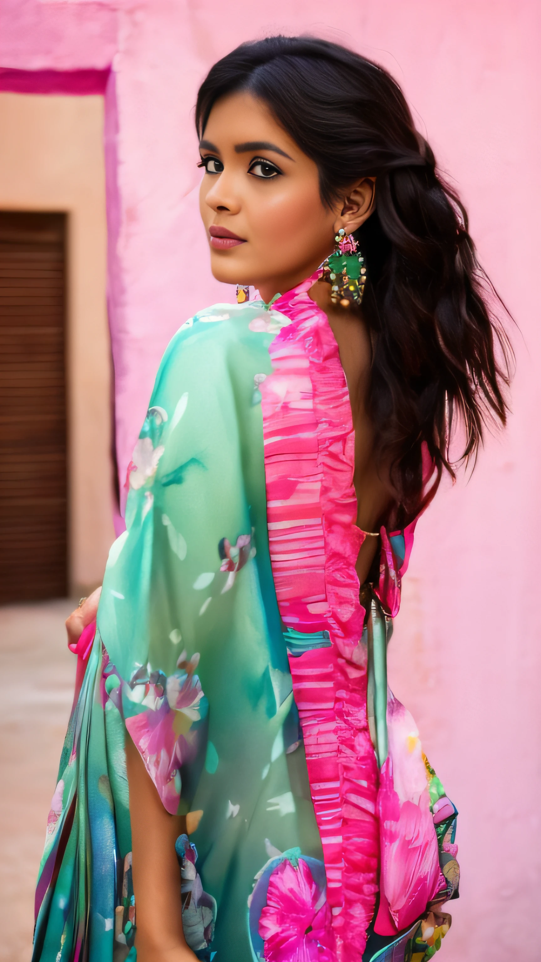 a close up of a woman wearing a colorful dress and earrings, showing her shoulder from back, pale and coloured kimono, frilled blooming collar, close up half body shot, draped in fleshy green and pink, wearing pink floral chiton, with colourful intricate, backview, photo still of behind view, close-up shot from behind, wearing pink floral gown, ((film grain, skin details, high detailed skin texture, 8k hdr, dslr)), photography taken by sony DSLR, Hd image