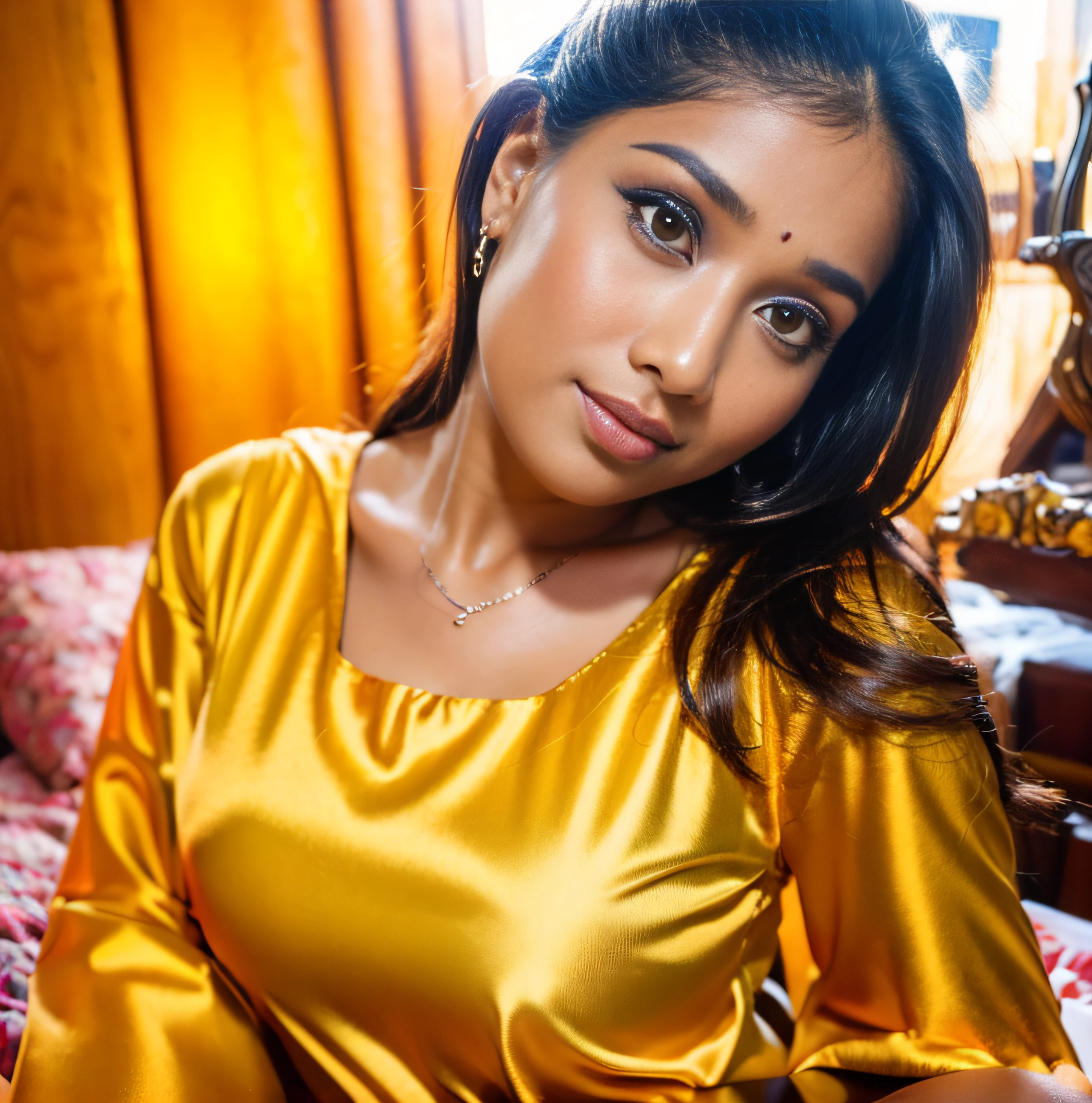 a close up of a woman in a yellow dress sitting on a bed, very beautiful girl, indian, assamese aesthetic, with lovely look, assamese, indian girl , cute beautiful, with accurate face, attractive girl, lovely woman, young and cute girl, girl next door innocent look, beautiful cute, with cute - fine - face,  ((film grain, skin details, high detailed skin texture, 8k hdr, dslr)), photography taken by sony DSLR, Hd image