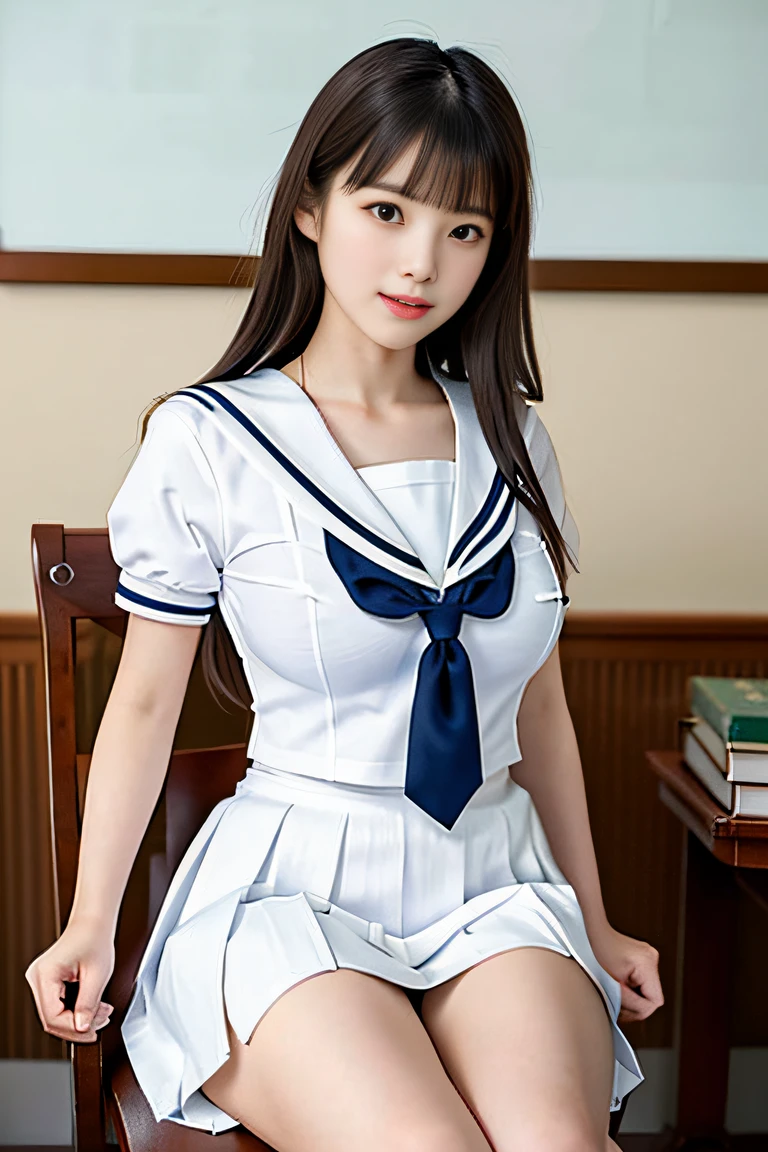 (((Draw only one woman: 2))), Beautiful 18 year old Japan woman, (High school girl in white sailor suit with short sleeves: 1.5), (Japan strict girls' school white sailor uniform:1.5), (( High school girl sitting on a chair in the library reading: 1.2)), ((1screen)), 8K, RAW shot, top quality photo, ​masterpiece, Nice realistic photos , ((Anatomically correct proportions: 1.5)), ((Perfect proportions)), Cute woman like an idol of Japan, Detailed face, Detailed eyes, Narrow Nose, Detailed hands and fingers, Detail Arm, Detailed skin, Detailed legs, short torso, Slender body, (shiny long hair: 1.5), (Large breasts: 1.5), Fit sailor suit、(Big breasts that are about to tear off their uniform:1.5)、(lecture:1.5)