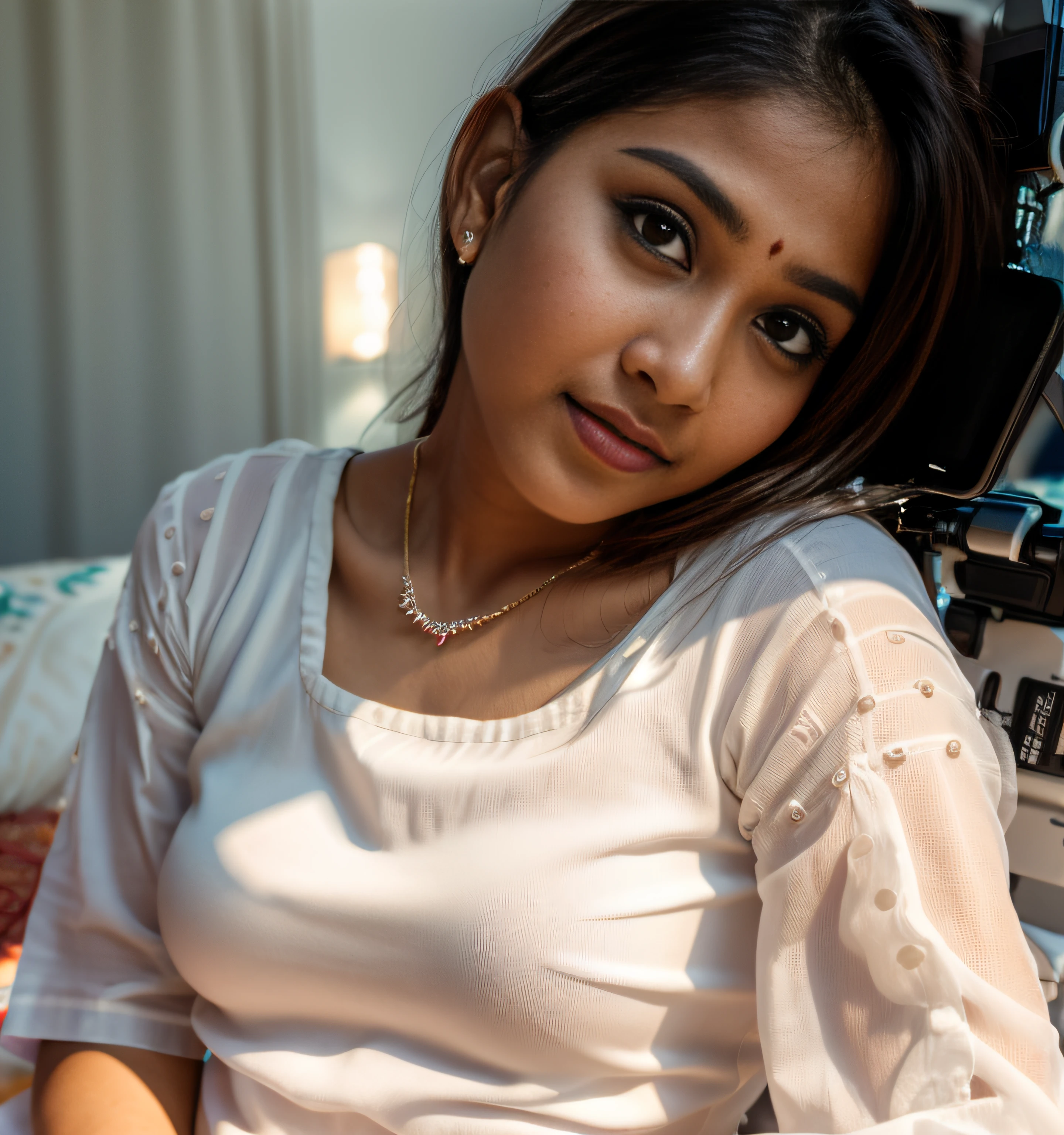 a close up of a woman in a white dress sitting on a bed, very beautiful girl, indian, assamese aesthetic, with lovely look, assamese, indian girl , cute beautiful, with accurate face, attractive girl, lovely woman, young and cute girl, girl next door innocent look, beautiful cute, with cute - fine - face, ((film grain, skin details, high detailed skin texture, 8k hdr, dslr)), photography taken by sony DSLR, Hd image