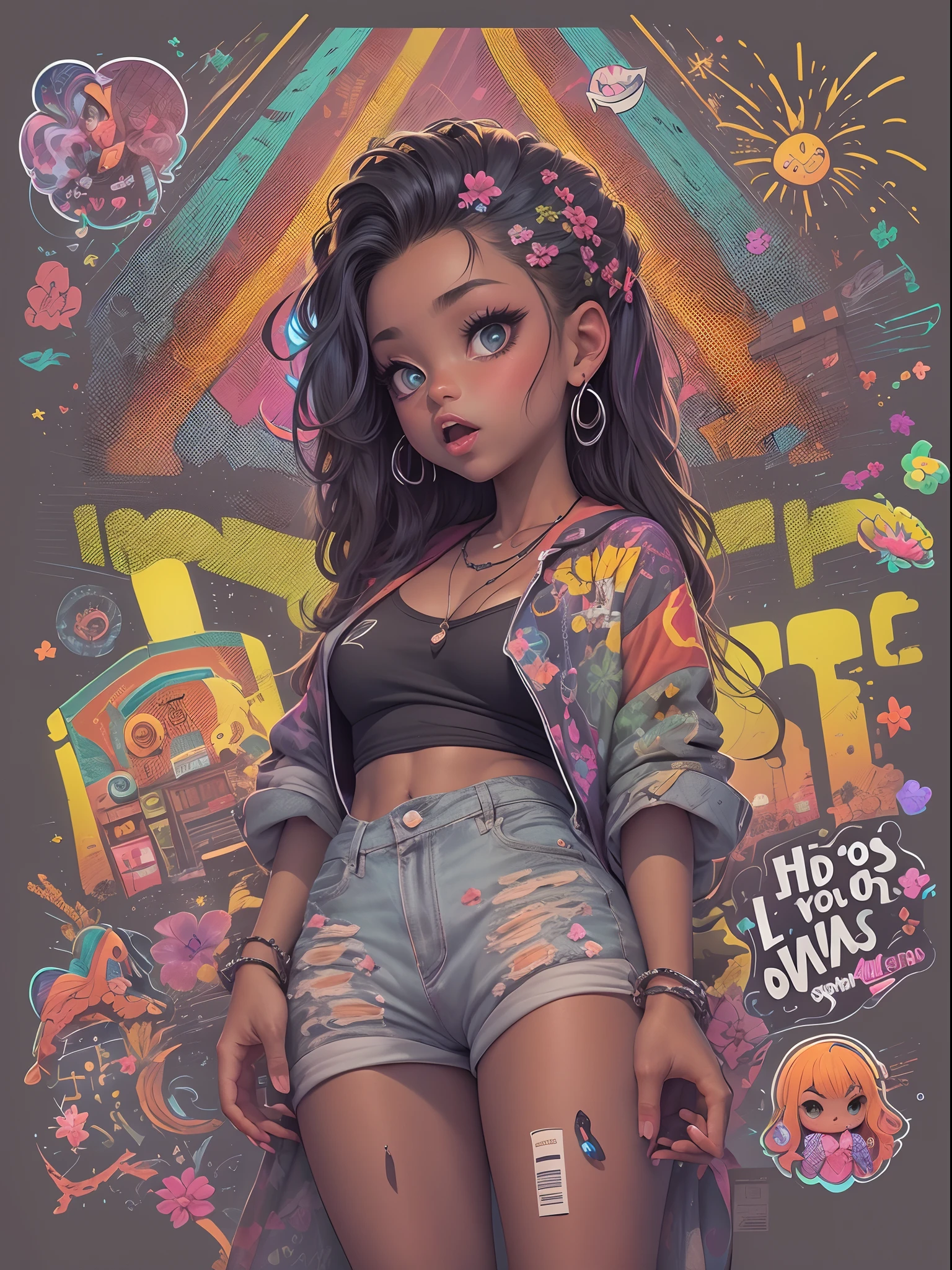((best quality)) , ((masterpiece)) , (detailed) ,Sticker process,1girl, wall Graffiti, Geometric Style, shot from behind of a Caring Aesthetic Nigerian (cartoon:1.3) , 🤑, dark, dressed in Revealing midriff, Rainbow hairstyle, Slimy Chain, inside of a Ranch house, soft focus, Simple illustration, Suffering, "I sing the body electric.", "Baby, you're a firework, come on, show 'em what you're worth.", 8k resolution