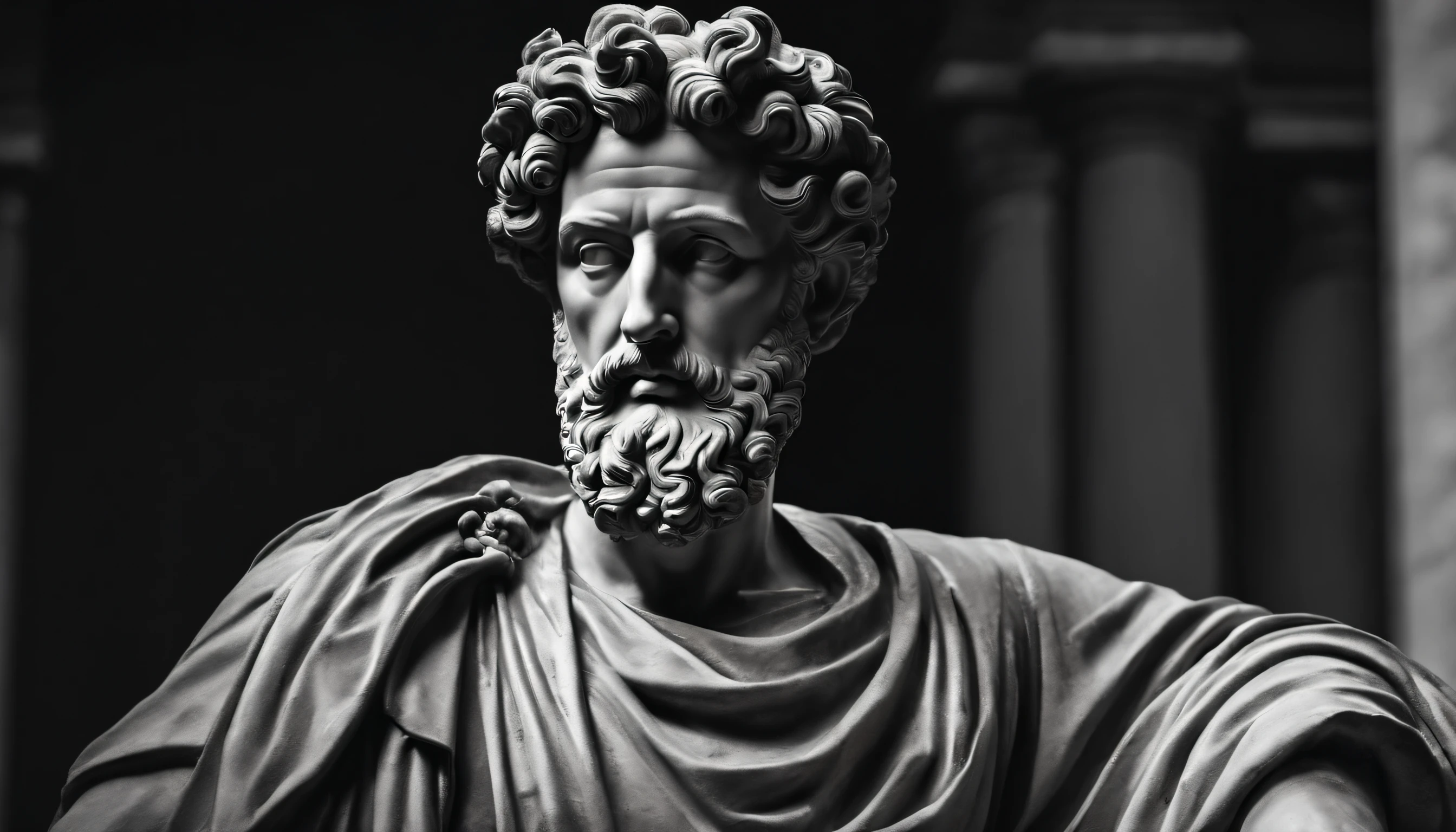a portrait statue of the stoic Marcus Aurelius in black and white 4K,Face de lado, papel de parede super realista