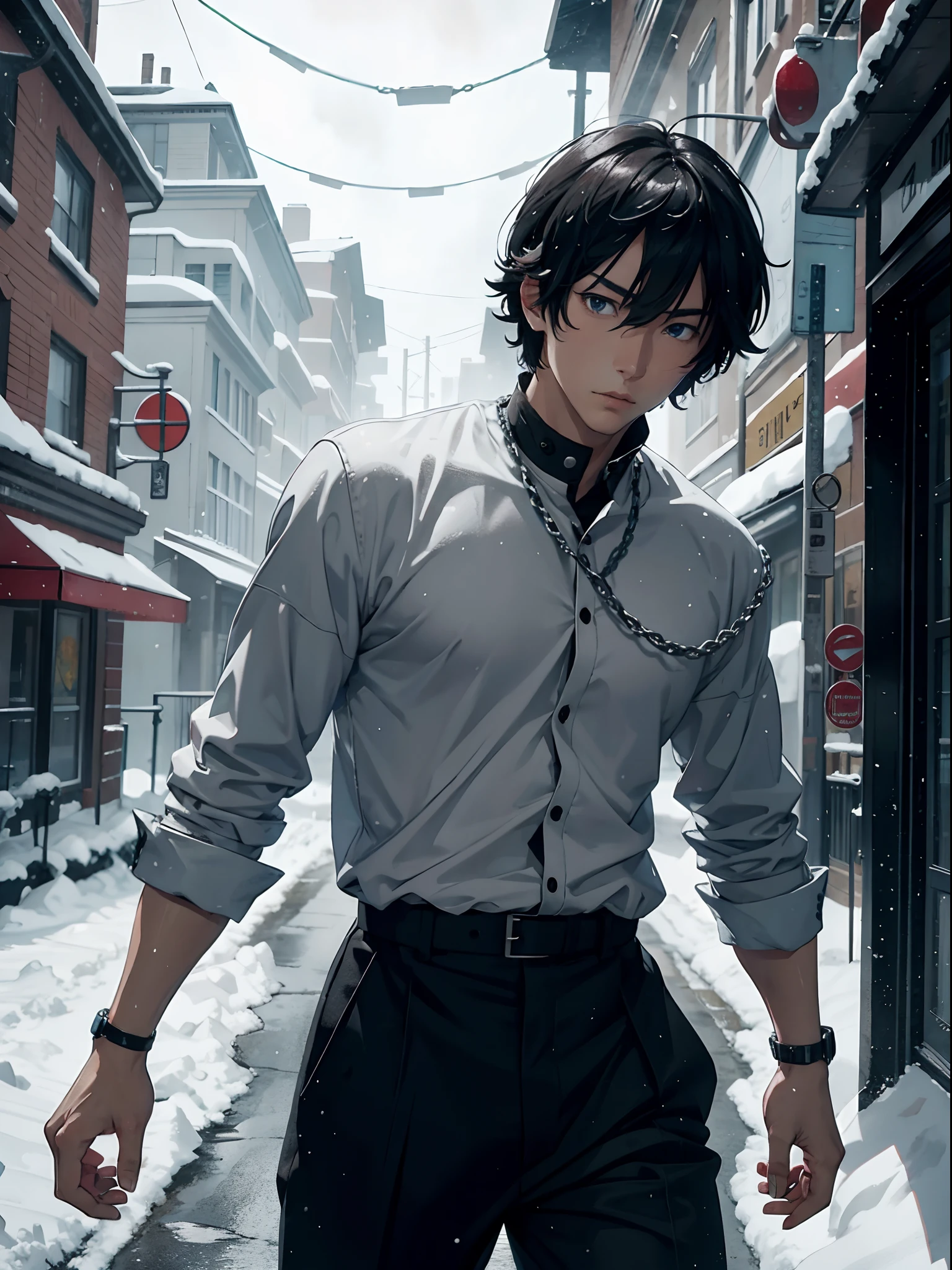 anime man in heaby snowstorm, chains