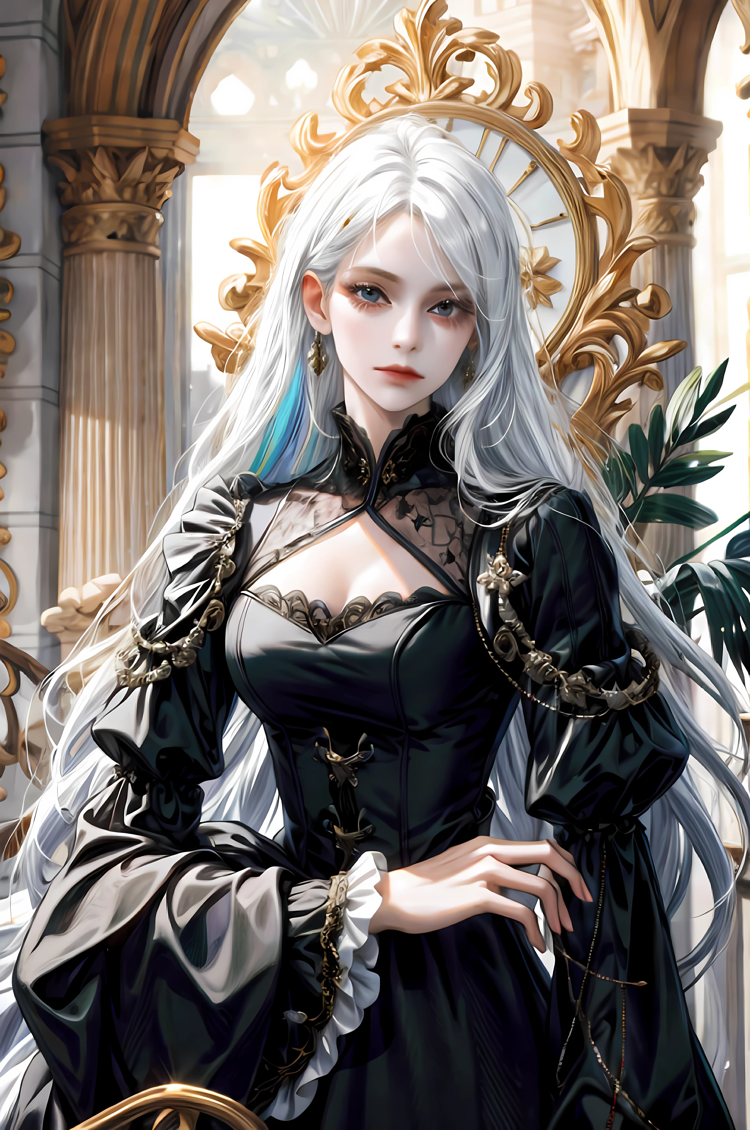 (absurdres, highres, ultra detailed), 1girl, blond hair, solo, mature, Baroque, long dress, long sleeve, elegant, white hair, colorful, highest detailed, upper body, white dress, high details, masterpiece