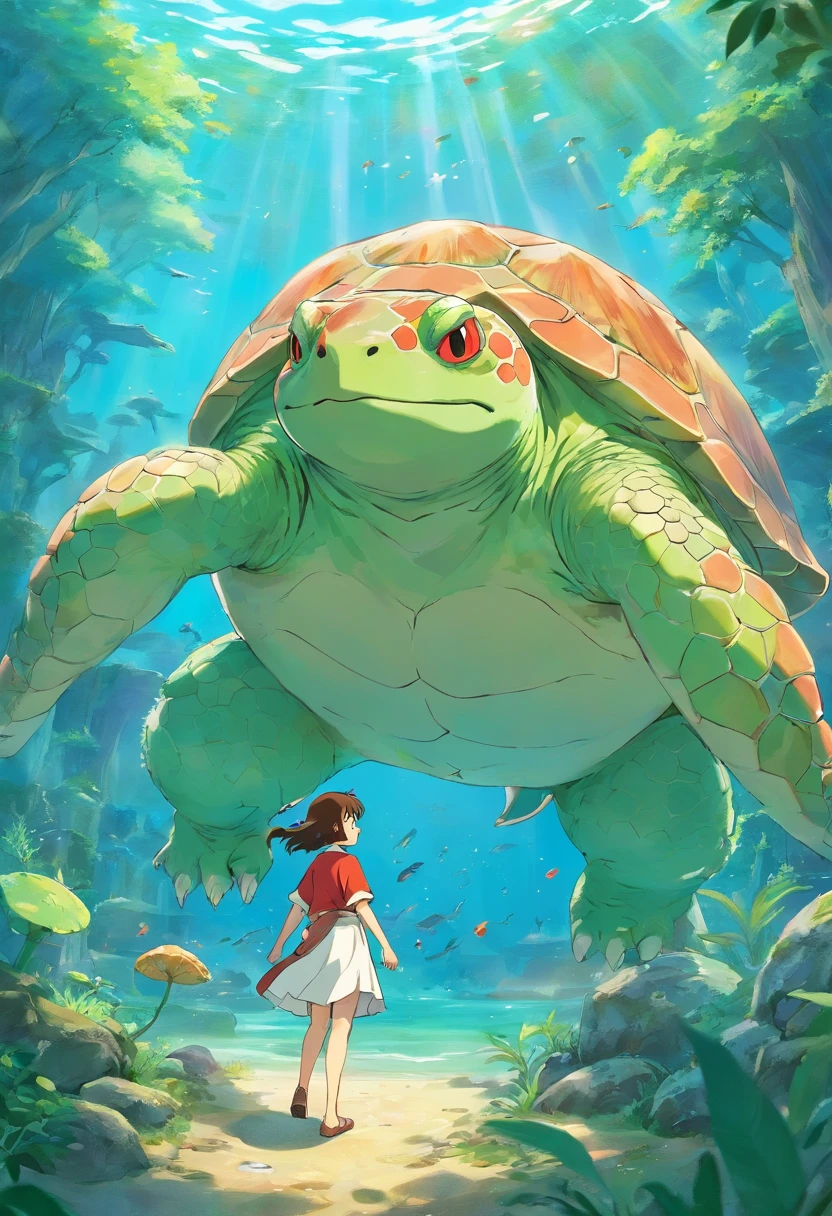 A beautiful fusion monster,Glans head,The limbs are frog palms,Carrying a turtle shell,anthropomorphic turtle,warriors,Fantastical colors,Natural,Take the Sea King Trident,Stand on the sea with your waist crossed