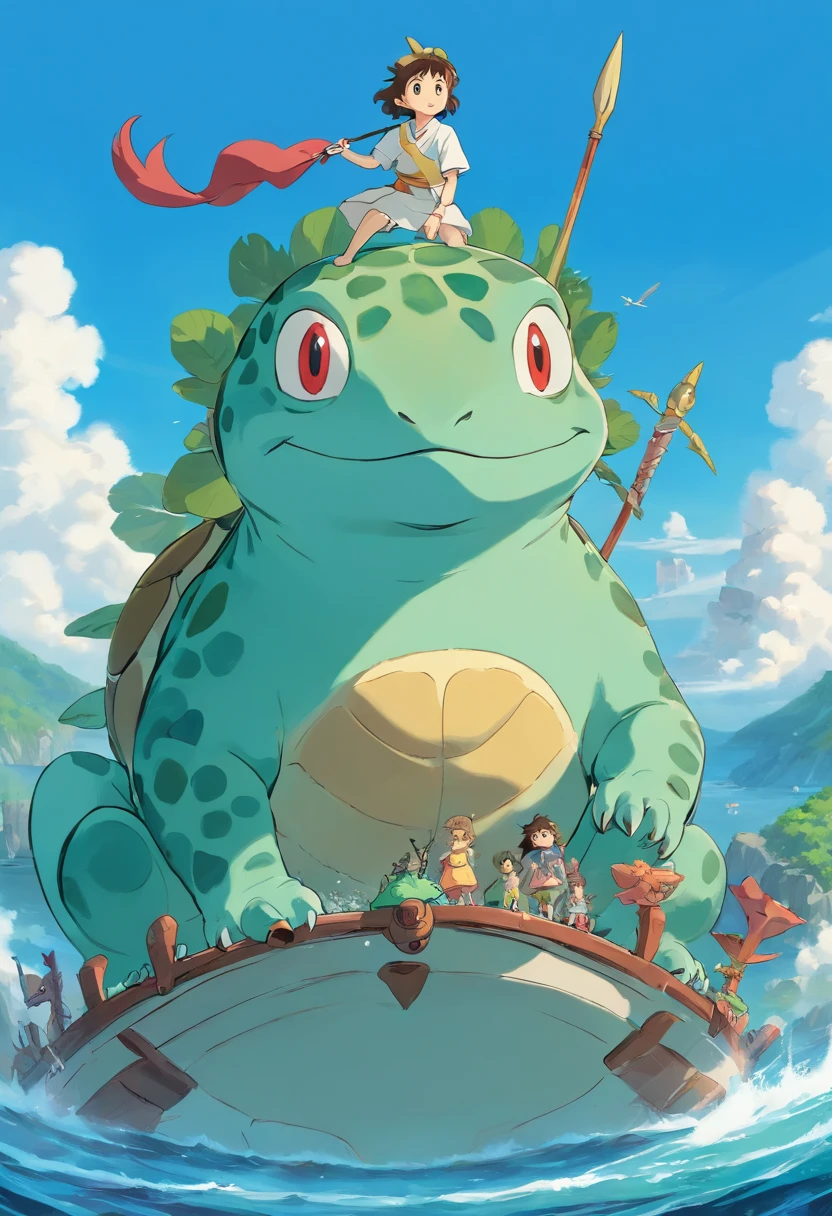 A beautiful fusion monster,Glans head,The limbs are frog palms,Carrying a turtle shell,anthropomorphic turtle,warriors,Fantastical colors,Natural,Take the Sea King Trident,Stand on the sea with your waist crossed