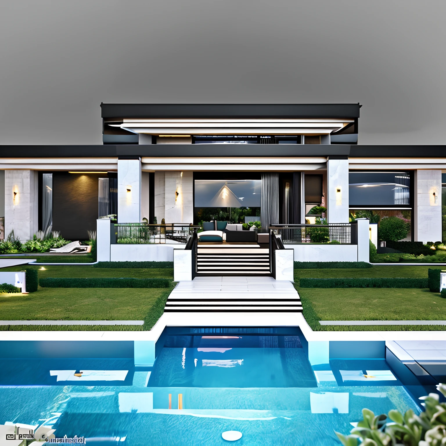 Modern villa with pool of different models with different materials hyper realistic super detailed Dynamic shooting Centerpiece Scene Three points Perspective Camera view Hyper realistic Super Detailed Materials