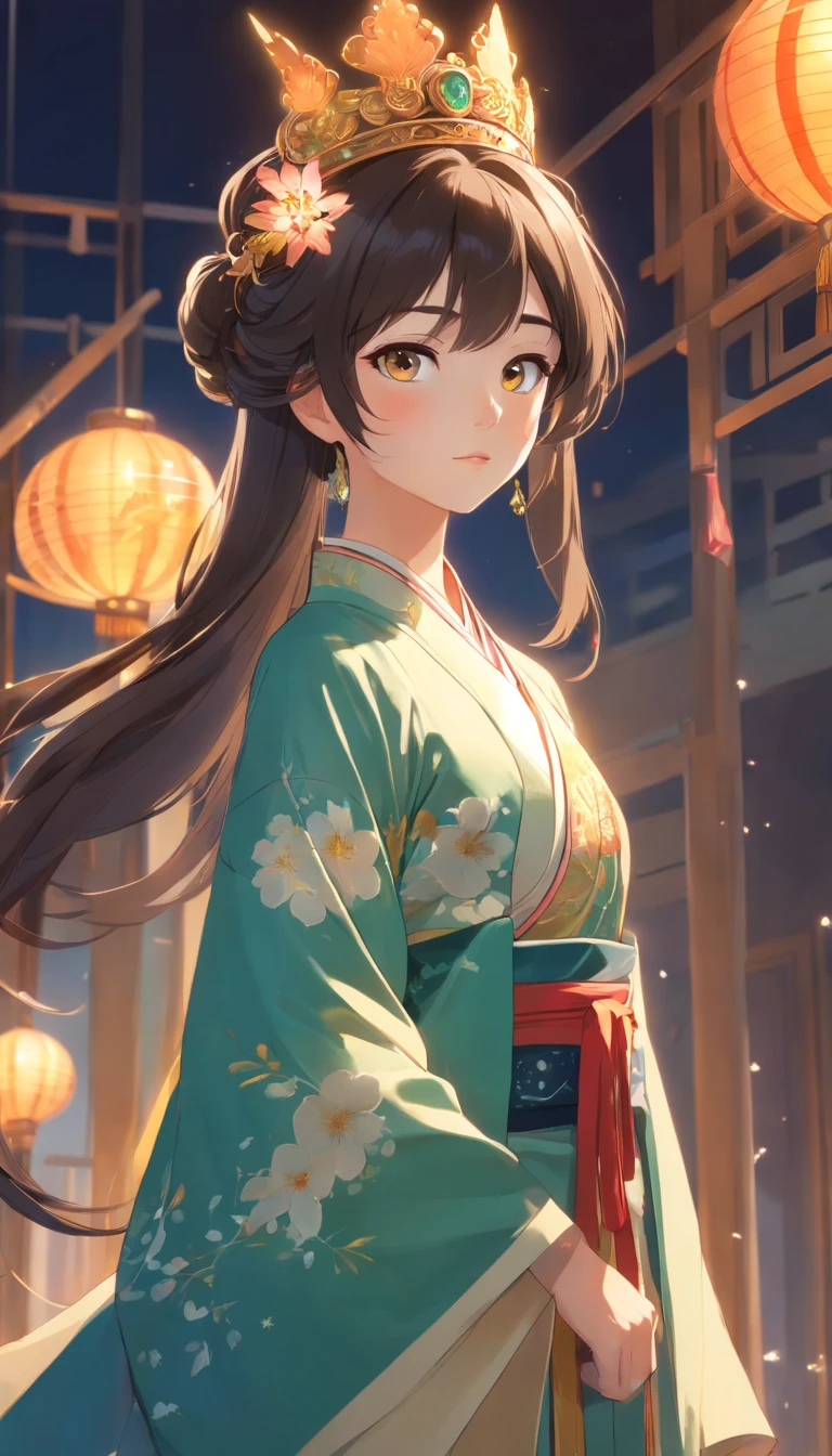 Wearing Hanfu and Crystal Crown, Standing, charming big eyes, nice tail, Standing, Surreal, Super fine, Luxurious, elegant standing, charming big eyes, nice tail, Standing, Surreal, super detailed, Luxurious, Elegant, with an intricate, Gorgeous, Illusion Engine, Octane Rendering, 8K, Vleischulrealism