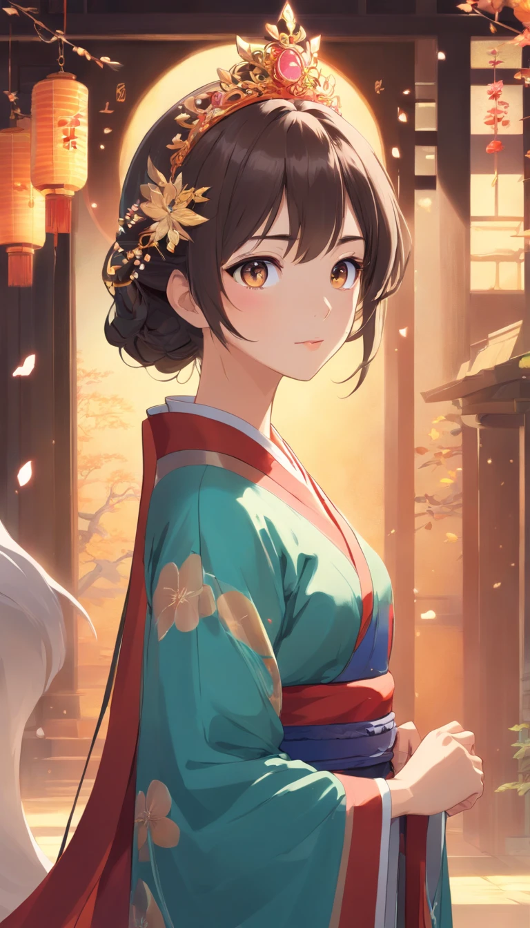 Wearing Hanfu and Crystal Crown, Standing, charming big eyes, nice tail, Standing, Surreal, Super fine, Luxurious, elegant standing, charming big eyes, nice tail, Standing, Surreal, super detailed, Luxurious, Elegant, with an intricate, Gorgeous, Illusion Engine, Octane Rendering, 8K, Vleischulrealism