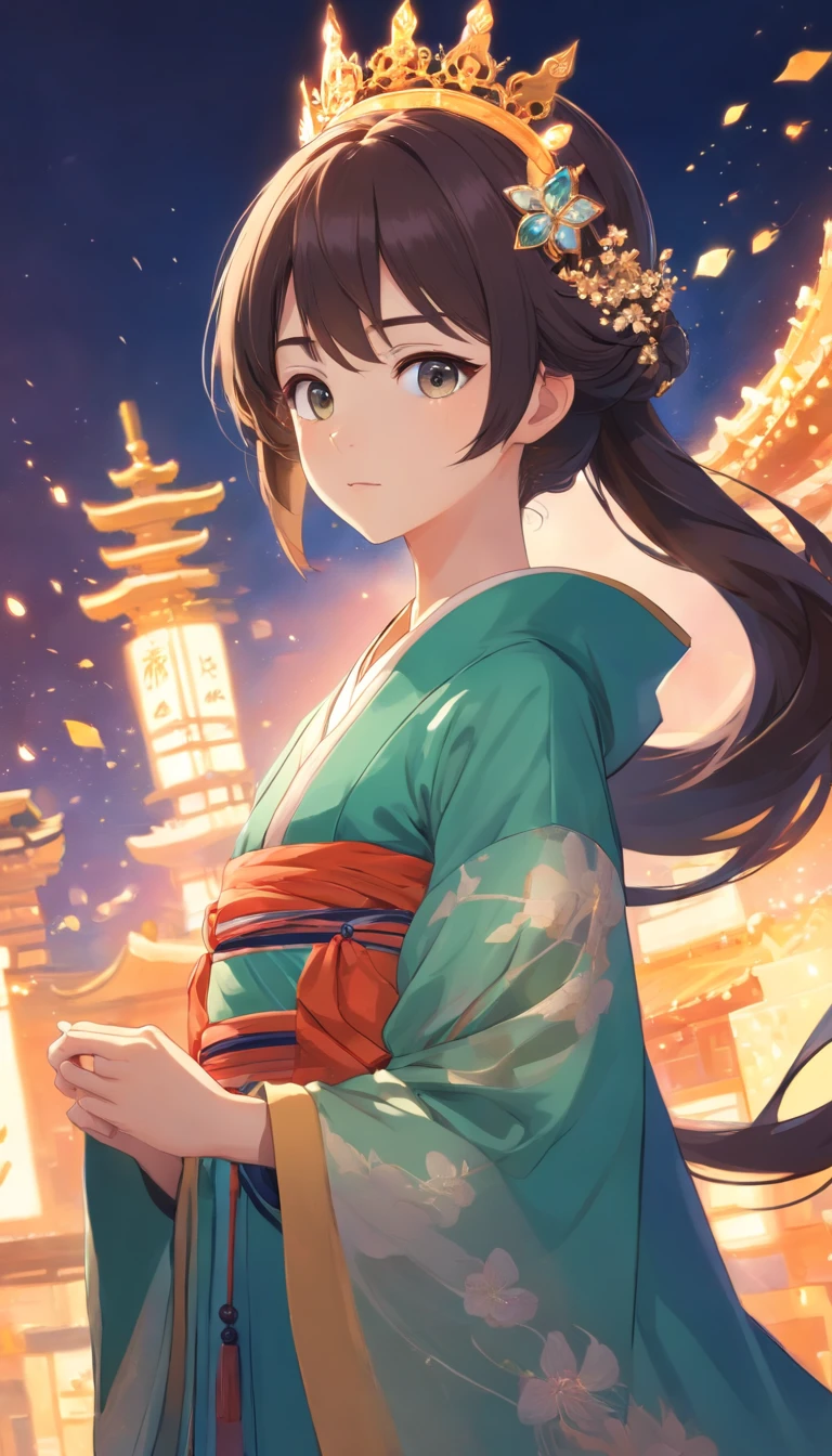 Wearing Hanfu and Crystal Crown, Standing, charming big eyes, nice tail, Standing, Surreal, Super fine, Luxurious, elegant standing, charming big eyes, nice tail, Standing, Surreal, super detailed, Luxurious, Elegant, with an intricate, Gorgeous, Illusion Engine, Octane Rendering, 8K, Vleischulrealism