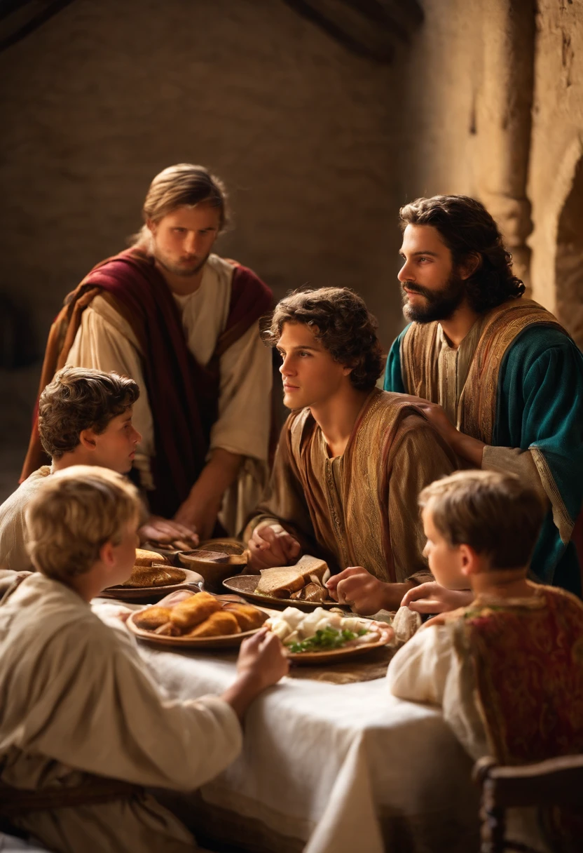 Joseph talking at a table with his father and his older siblings They must have clothes like those in the Bible, Joseph must be the youngest of the brothers, ele era jovem, But his brothers are grps and shepherds, and he's the one talking at a big table