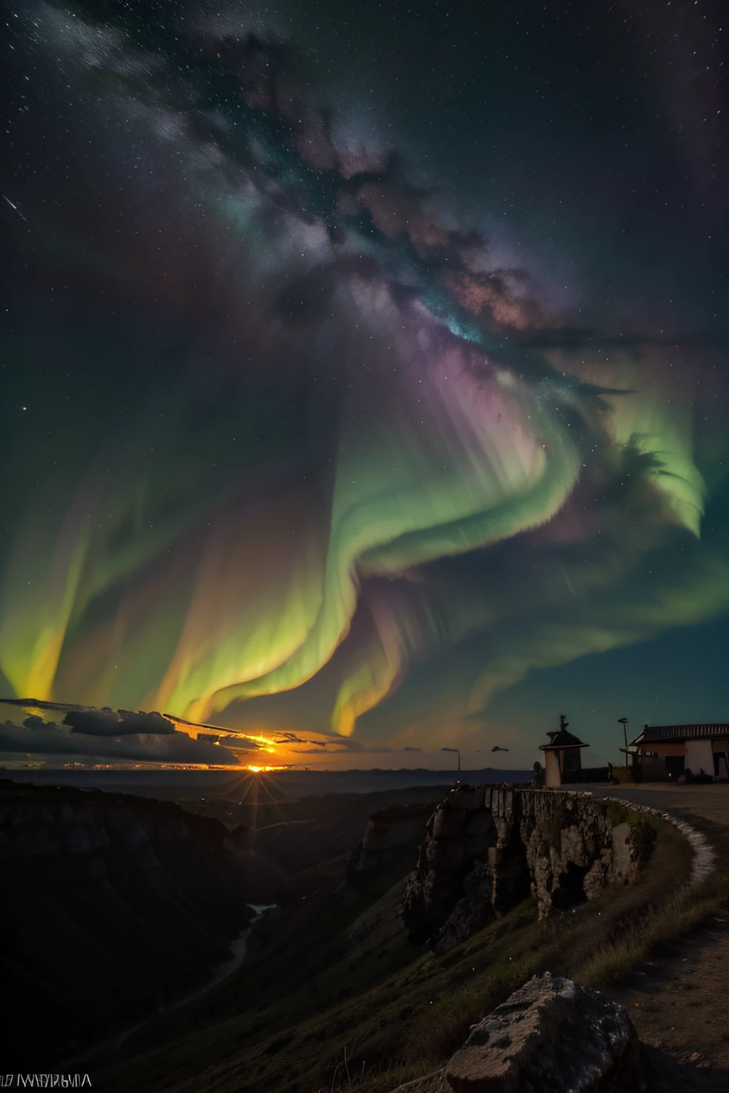 um lindo bolo de aniversario em um fundo em degrade de por do sol nas montranhas, ambiente astronomico, aurora, nuvens, lua
