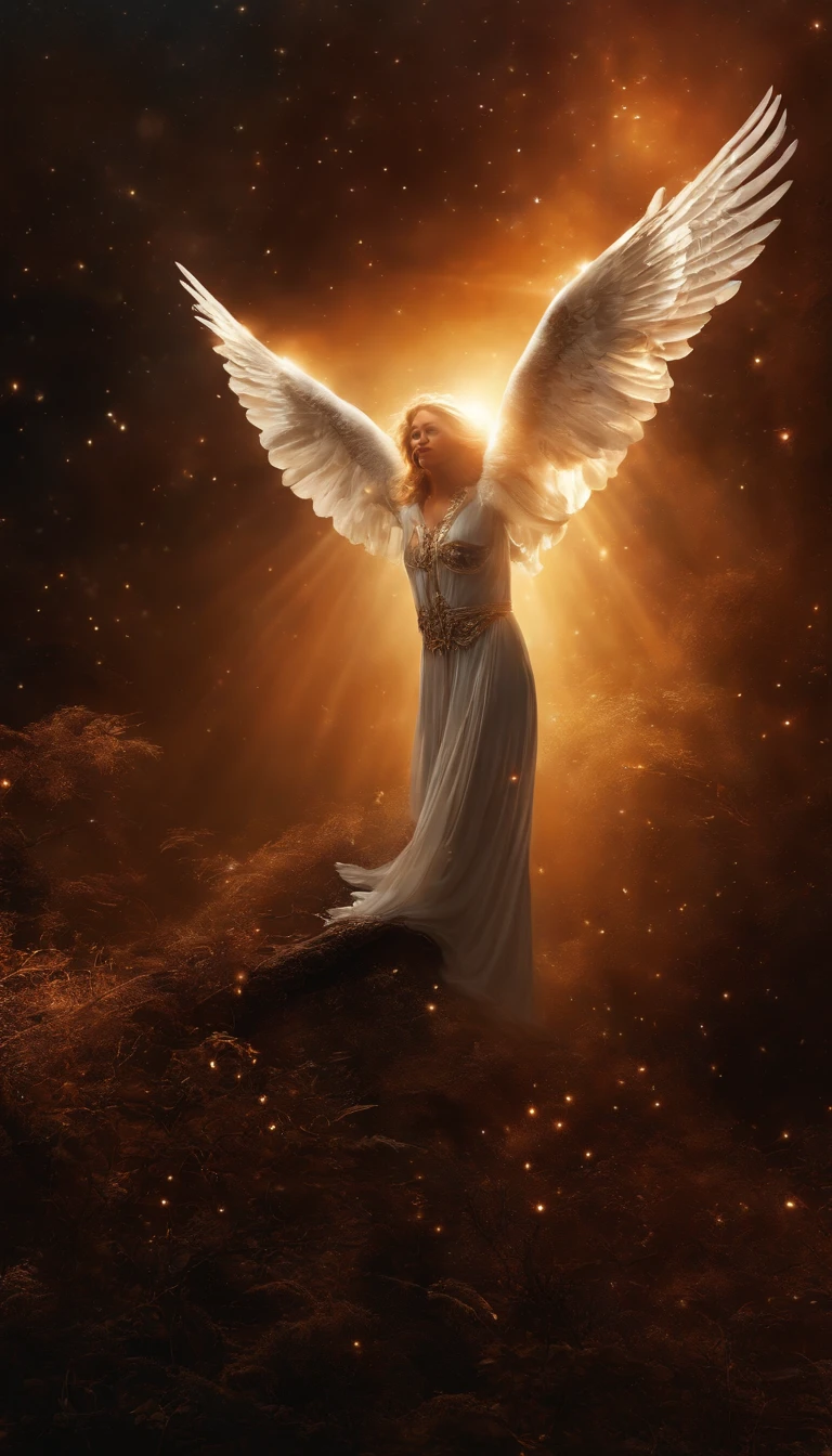 cosmic fallen angel, olhos claros brilhantes, Biomechanicals, estranho, assustador, Pesadelo, cores muito brilhantes, light particles, com luz brilhante, Mshiff, Arte do papel de parede, Papel de parede UHD