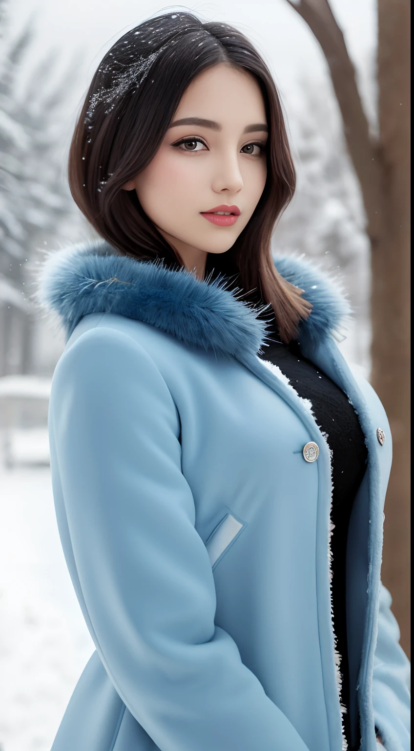 25-years old, One lady, Perfect body, Very delicate and beautiful detail face, Beautiful detailed eyes, Short hair, Green eyes, Brown hair, Perfect face, Brown hair, Nice hairstyle, (Perfect hands, Five Fingers), Perfect proportions, ((Detailed face)), Smile, Expressive eyes, (Ultra-detailed:1.3), Beautiful detailed glow, Ultra-detailed, (Open Arabian Court, Arabian fashion, Fur Arabian coat, jeans, White shirt, Modern style, Winter Arabic clothes), (((Blue Fur Arabian Coat, Blue fur Arabian coat outfit, Wearing a blue fur Arabian coat:1.3, Winter Blue Arabian Coat))), (detailed costume, detailed clothes), (Dynamic Pose:1.0), Solo Focus, Centered, scale to fit the dimensions, thirds rule, Twilight, Holiday village background, Winters, snowstorm in background, (Pine forest), Detailed background:1.25, covered in snow, Lots of snow, Snow, snow forest background, (((Sparkling snowflakes, Glittering details))), Christmas tree, (Best Quality), (High resolution), (Sharp Focus), (Extremely detailed), ((hyper super ultra detailed perfect piece)), flawless, (((masutepiece))), Vibrant colors, (Convoluted), High contrast, Selective lighting, double exposure, nffsw (Dynamic Range), Post-processing, Background blur