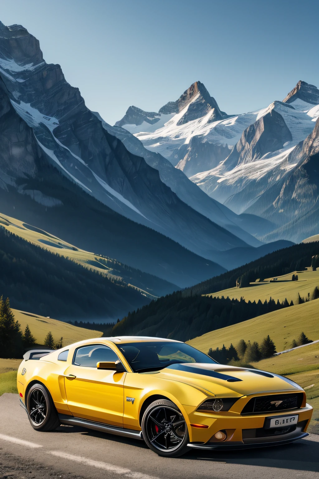 Yellow FORD MUSTANG GT 2008 ULTRA REALISTIC WITH two modern mountain on the roof in front of A DREAMY BACKGROUND in a Swiss mountain landscape LATE IN THE AFTERNOON. In the foreground is also a bistro table with two GIN drinks. ULTRA REALISTIC, CAR DIAGONAL WITH HEADLIGHTS NEAR THE CAMERA 4K WIDE ANGLE.
