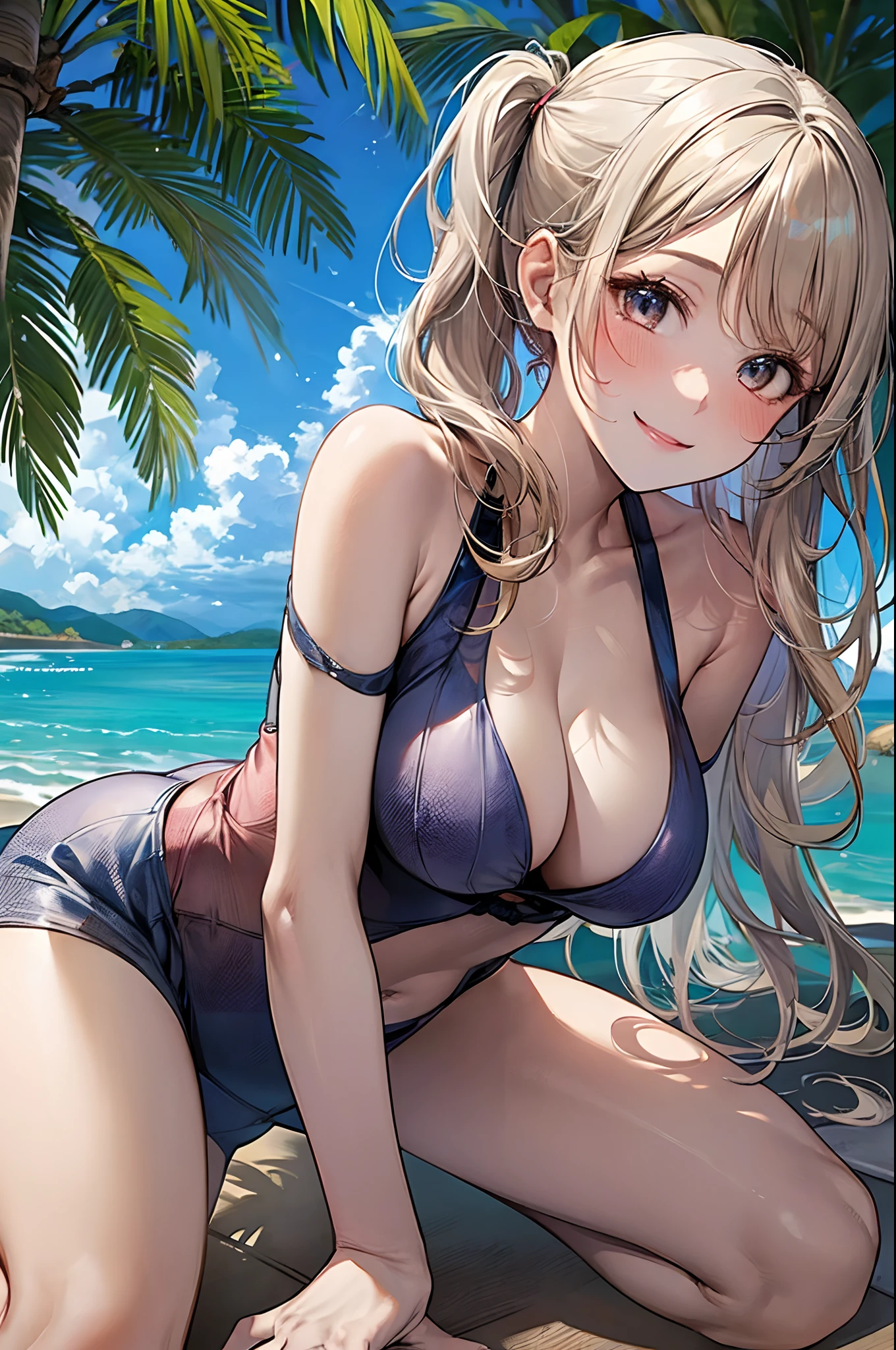 1 girl, japanese, , white skin, large breasts:0.5, watching the view, (smile:1.5), 
beautiful detailed eyes, (middle hair:1.1, side ponytail:1.5), blond hair, (navel:1.1), under boob, beautiful clavicle, babyface, 
(white cute suimsuit:1.5), 
(all fours),  
(beautiful scenery), day time, , (tropical beaches:1.5), 
(8k, maximum quality, masterpiece​), movie lighting,