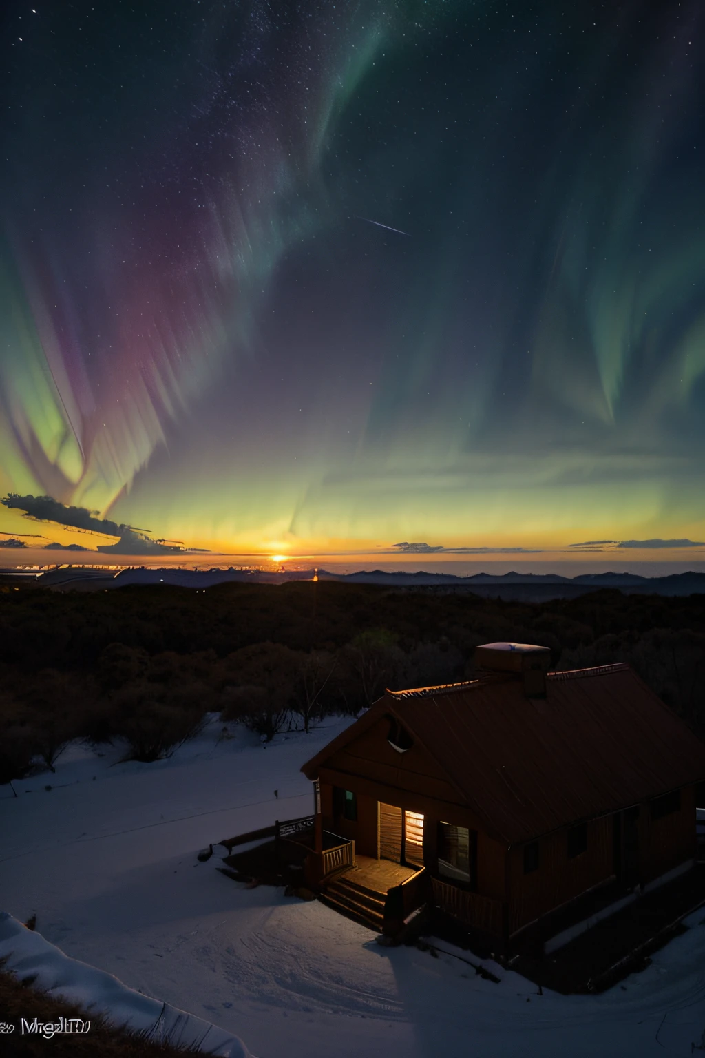 um lindo bolo de aniversario, foco no bolo, em um fundo em degrade de por do sol nas montranhas, ambiente astronomico, aurora, nuvens, lua