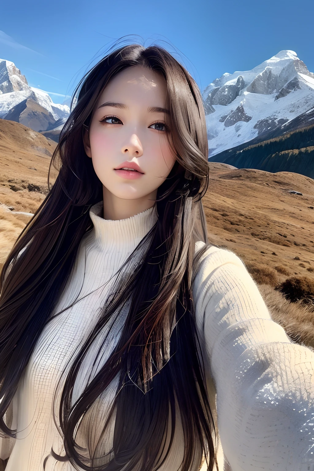 ((​master piece)),Best quality, illustration, Dark, 1girll, In the wilderness,High hills,Snow-capped mountains in the distance, Castle, Beautiful detailed eyes,  Beautiful detailed hair,