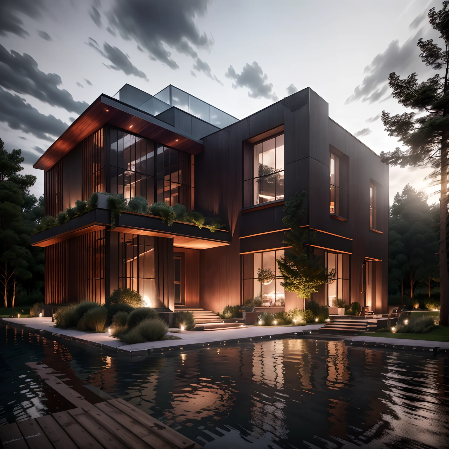 Mordenhouse, Maison de fantaisie, Maison de verre avec un toit en pente, moderne, dynamique (Photo brute, real, Best quality, Masterpiece:1.2), (hyper realistic, photo-realistic:1.2), High quality, (dark lighting:1.2), perfect lighting, archdaily