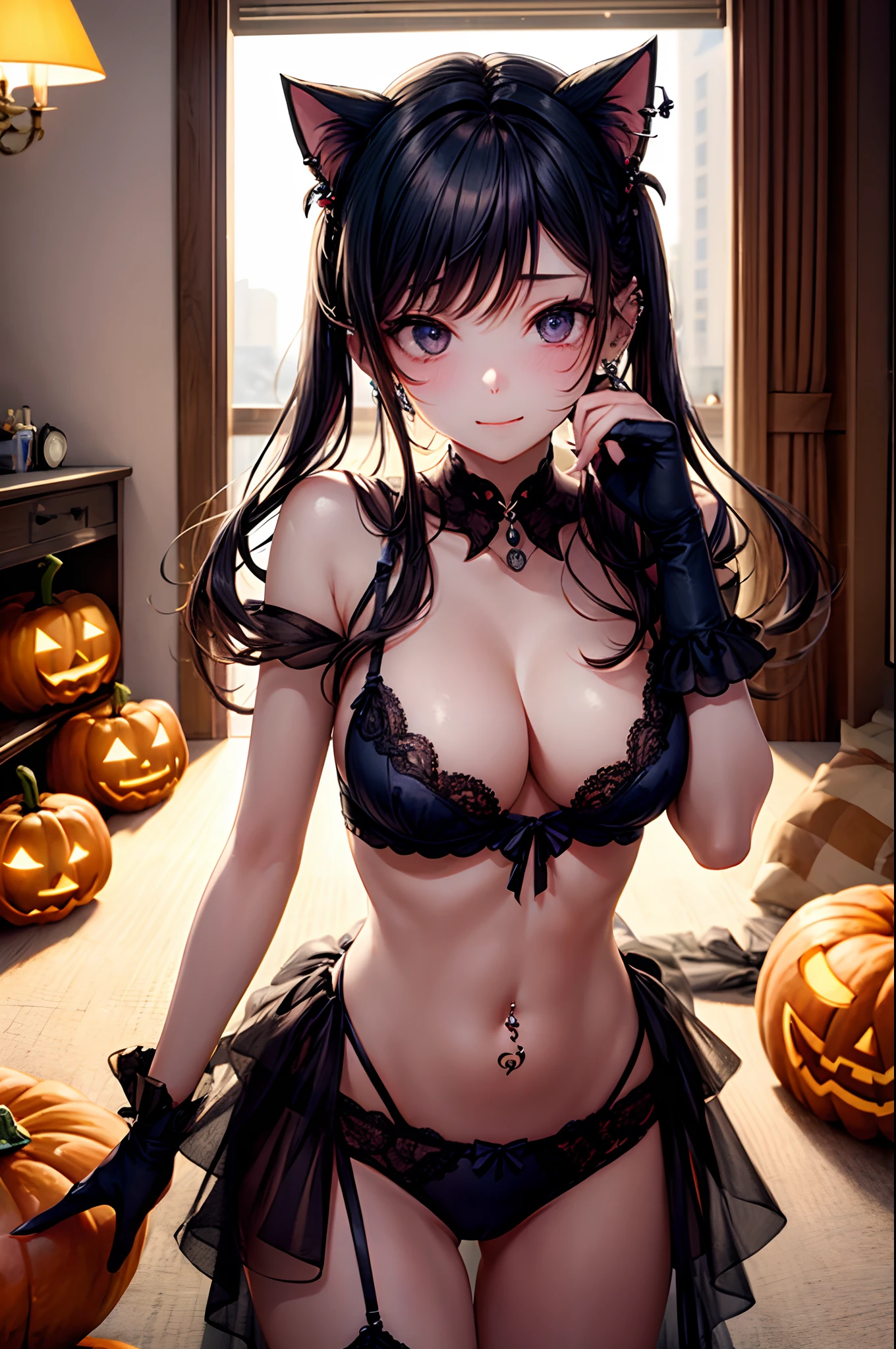realisitic、top-quality、 1 人、18year old、Fancy Color Hair、piercings、Shy face、Halloween、fancy dress、Fancy underwear、beautiful boob 、selfee、Nyan Nyan Pose、hotels room、Particles of light、profetional lighting