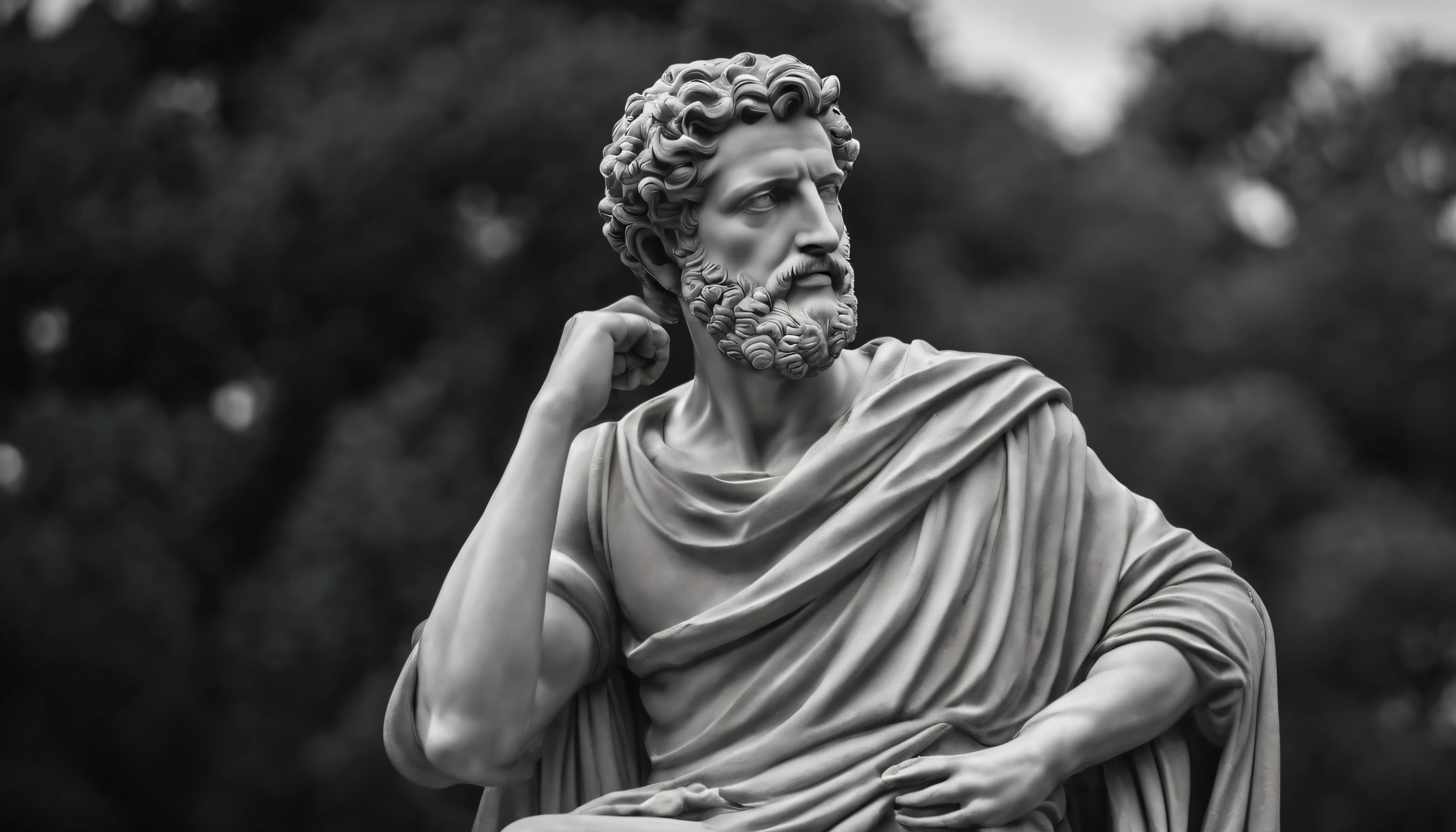 a statue of the stoic Marcus Aurelius in black and white 4K,Face de lado, papel de parede super realista, corpo forte, sem camisa, tronco forte, barriga forte