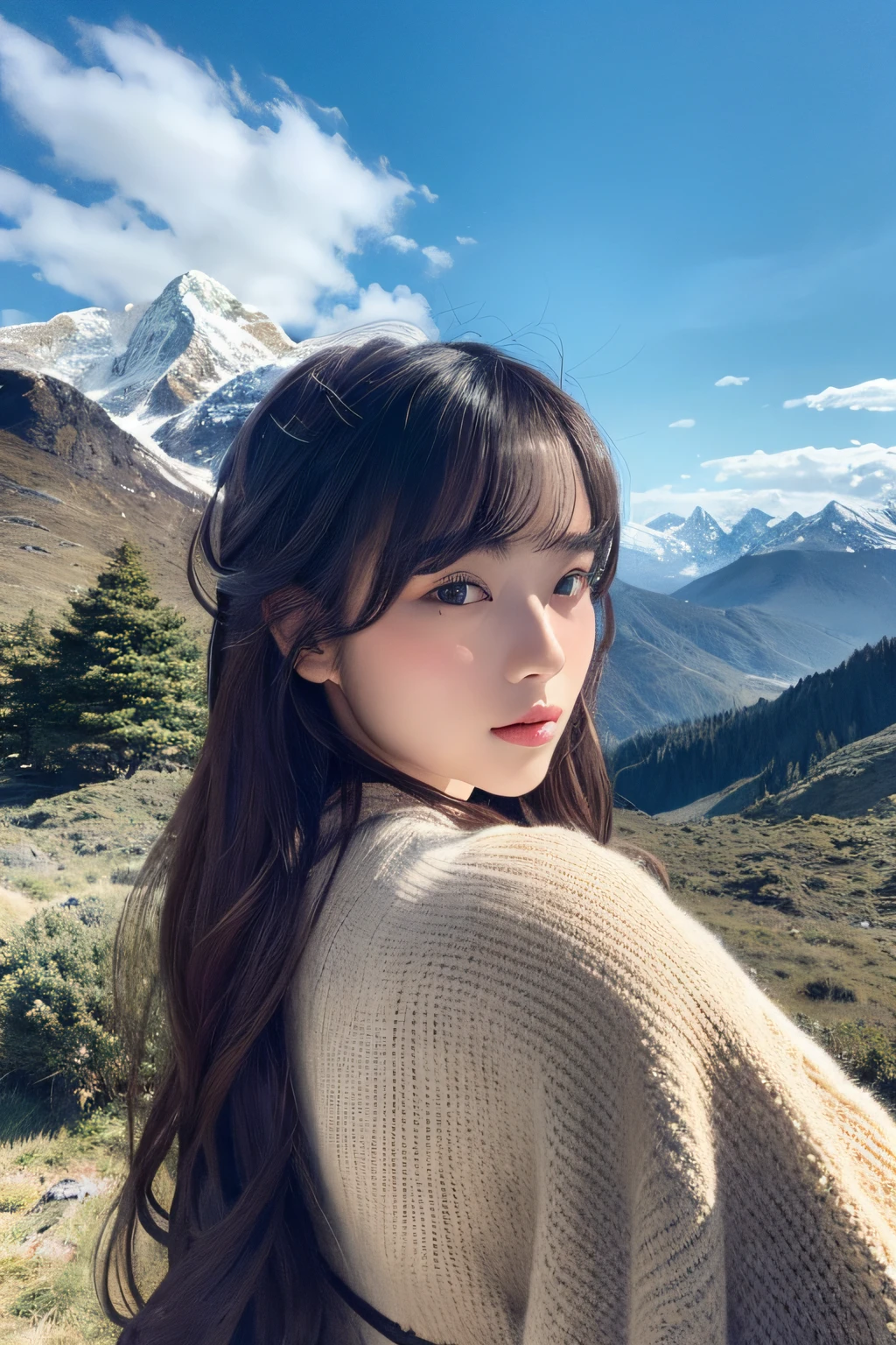 (absurdres, highres, ultra detailed, beautiful, masterpiece, best quality, )1 girl , half body shot,Mountains and steppe background、In front of a small hut、Girl reading a letter、Sad expression、Tears、Wiping tears with a handkerchief、泣いている、ハンカチを握りしめる