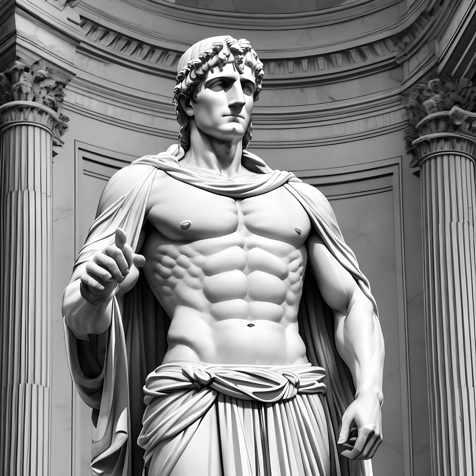 A realistic black-and-white Greek marble statue of Julius Caesar wearing a ghostly toga, fundo neutro, Moody, , fotorrealista, cinematographic scene, super detalhada, Hiper realista, luzes brilhantes, 8 mil --auto --s2