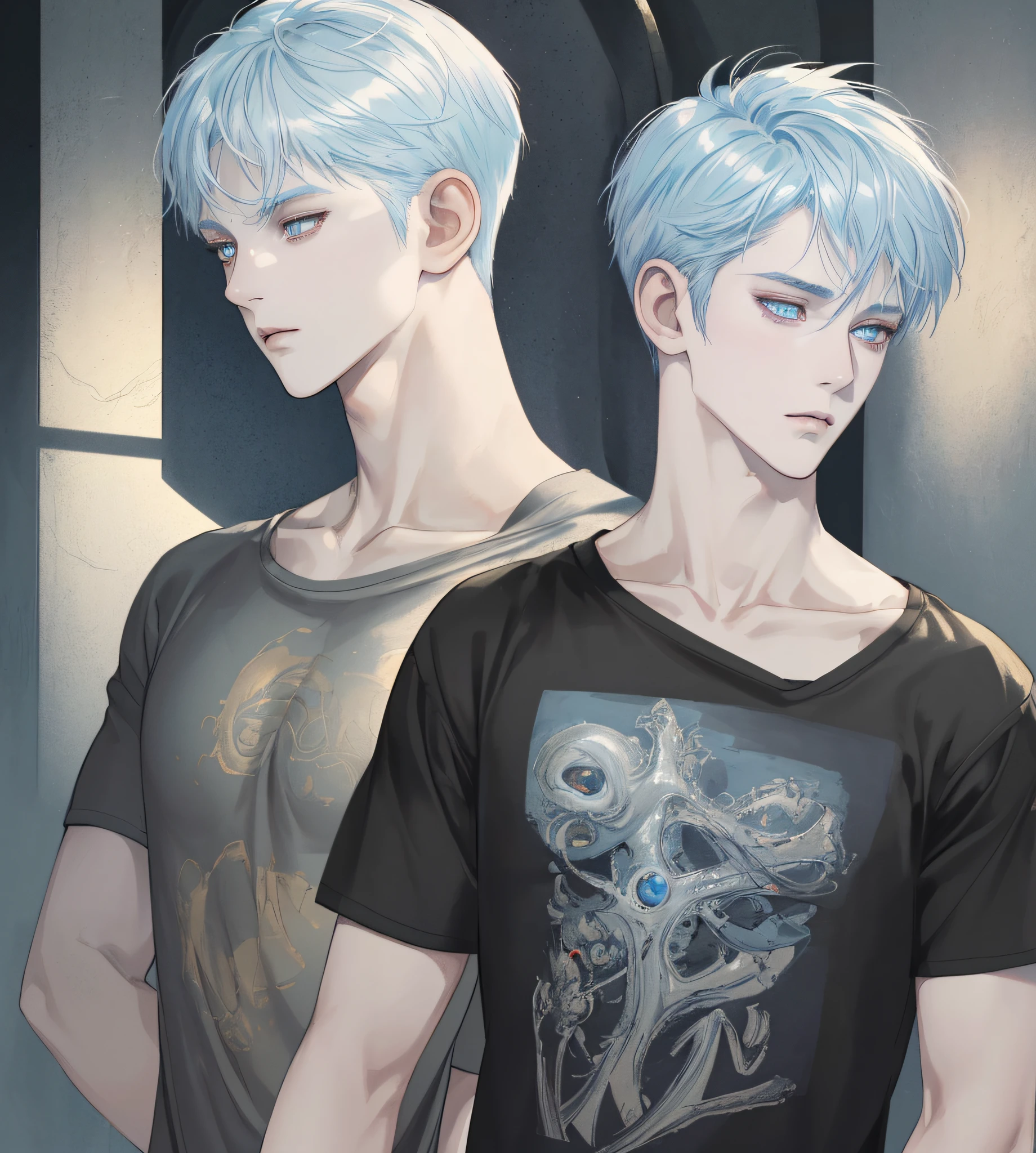 ((Retina)), masterpiece, anatomically correct, textured skin, pale blue short hair MALE, golden eyes, perfect body, black t-shirt, super detail, high details, high quality, best quality, highres, 4K, (Detailed Lights, Detailed Shadows), 1Man, pearl color, anime stile, sad mood