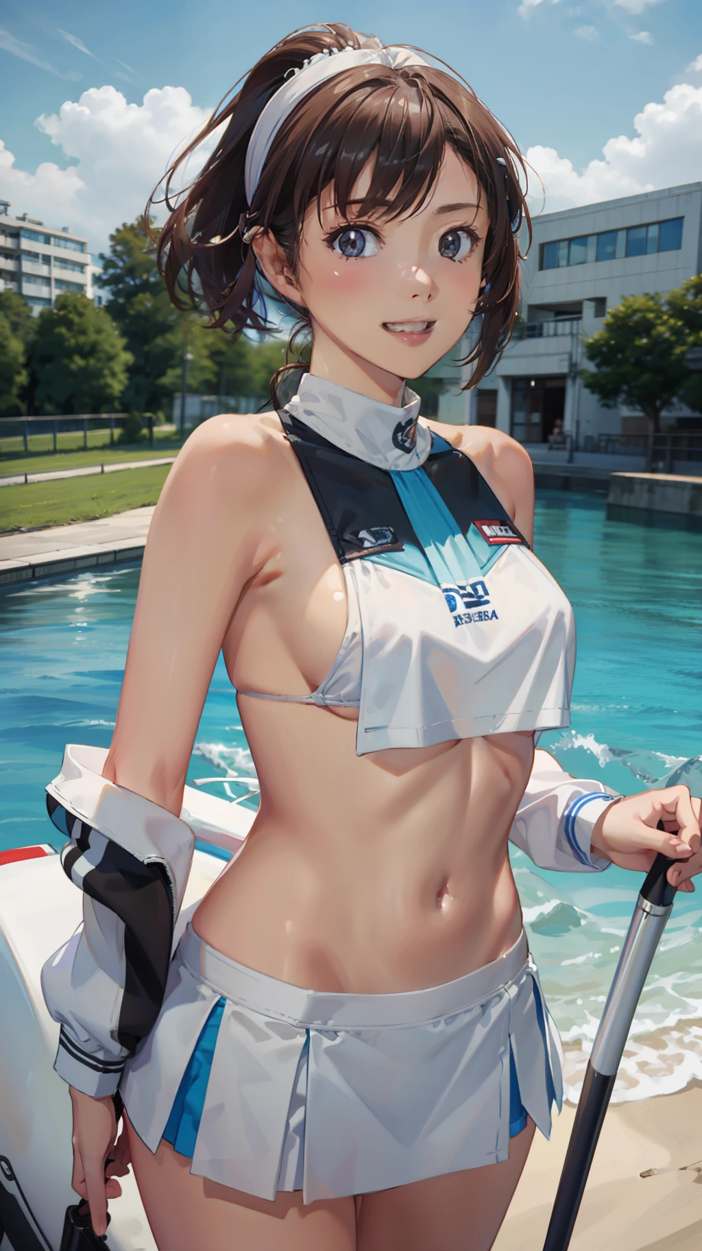 Motorcycle anime girl in short white mini skirt and blue leather bra、breastsout、White silk panties、blured background、1girl in、Race Queen、flaxen-brown ponytail、Ninja 250KRT Color、bblurry、A smile、a navel、looking at the viewers、outside of house、Skindentation、tag、solofocus、The bikini、Brown-eyed、swim wears
