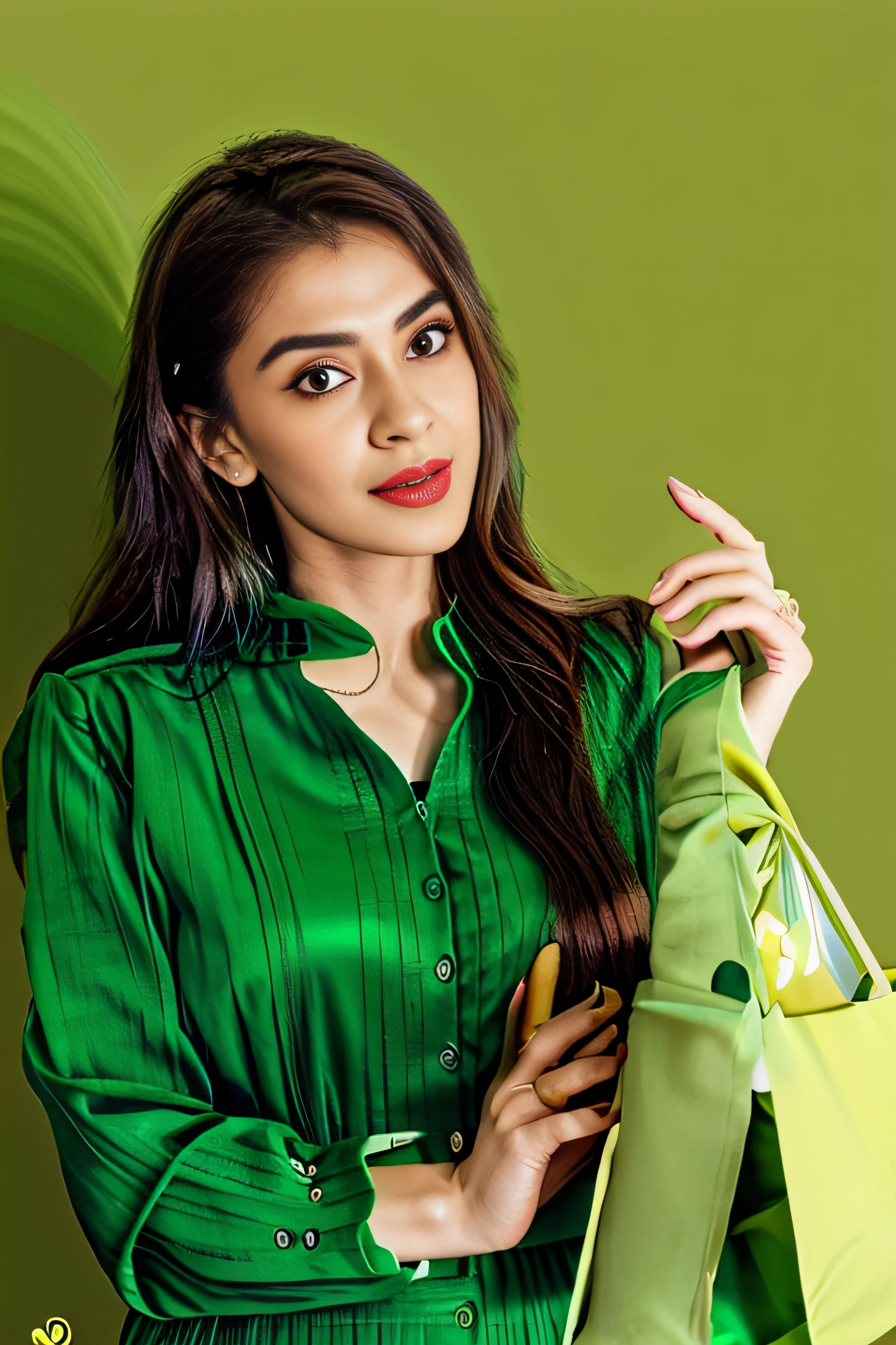 arafed woman in green shirt holding a green bag with a green handle, wearing green clothing, wearing a blouse, green clothes, youtube video screenshot, maya ali as d&d mage, pale-skinned persian girl, wearing a green sweater, brilliantly colored, wearing green suit, green colored bomber jacket, maya ali as d&d sorcerer, green shirt