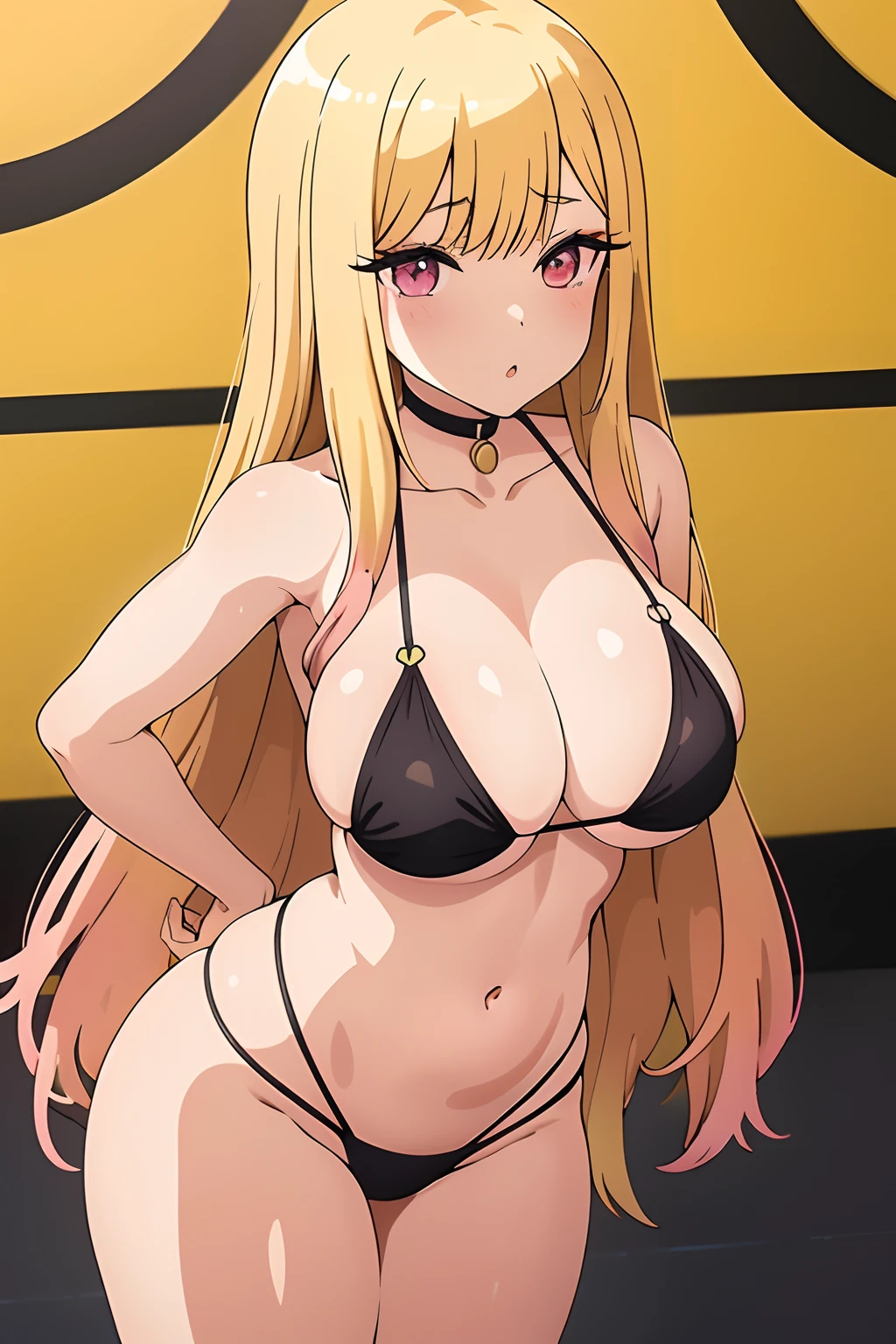 1girl, Kitagawa, portrait, blonde, black bikini with yellow flowers, pink hair tips, big boobs, wide hips, skinny waste, thick thighs