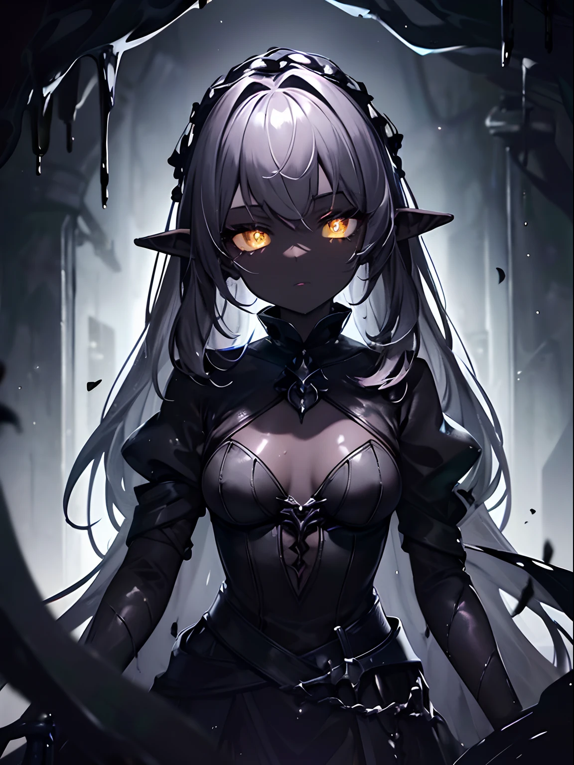 (masterpiece,best quality,ultra-detailed),2girl,pointy ears,dark grey hair,dark skin, glowing eyes,dark yellow eyes,beautiful and detailed face,detailed eyes,small chest,black dress,in a dark cave covered in black slime,(oil tar,tar leak),fluorescent mushrooms, purple mushrooms,(grey theme)