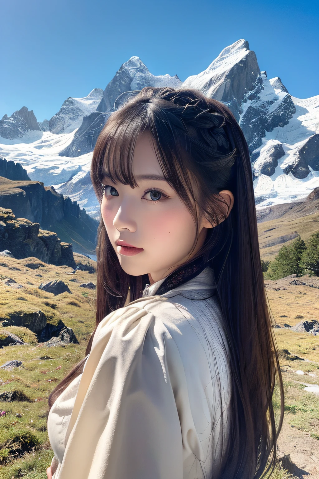 A woman with long hair standing in front of a mountain - SeaArt AI