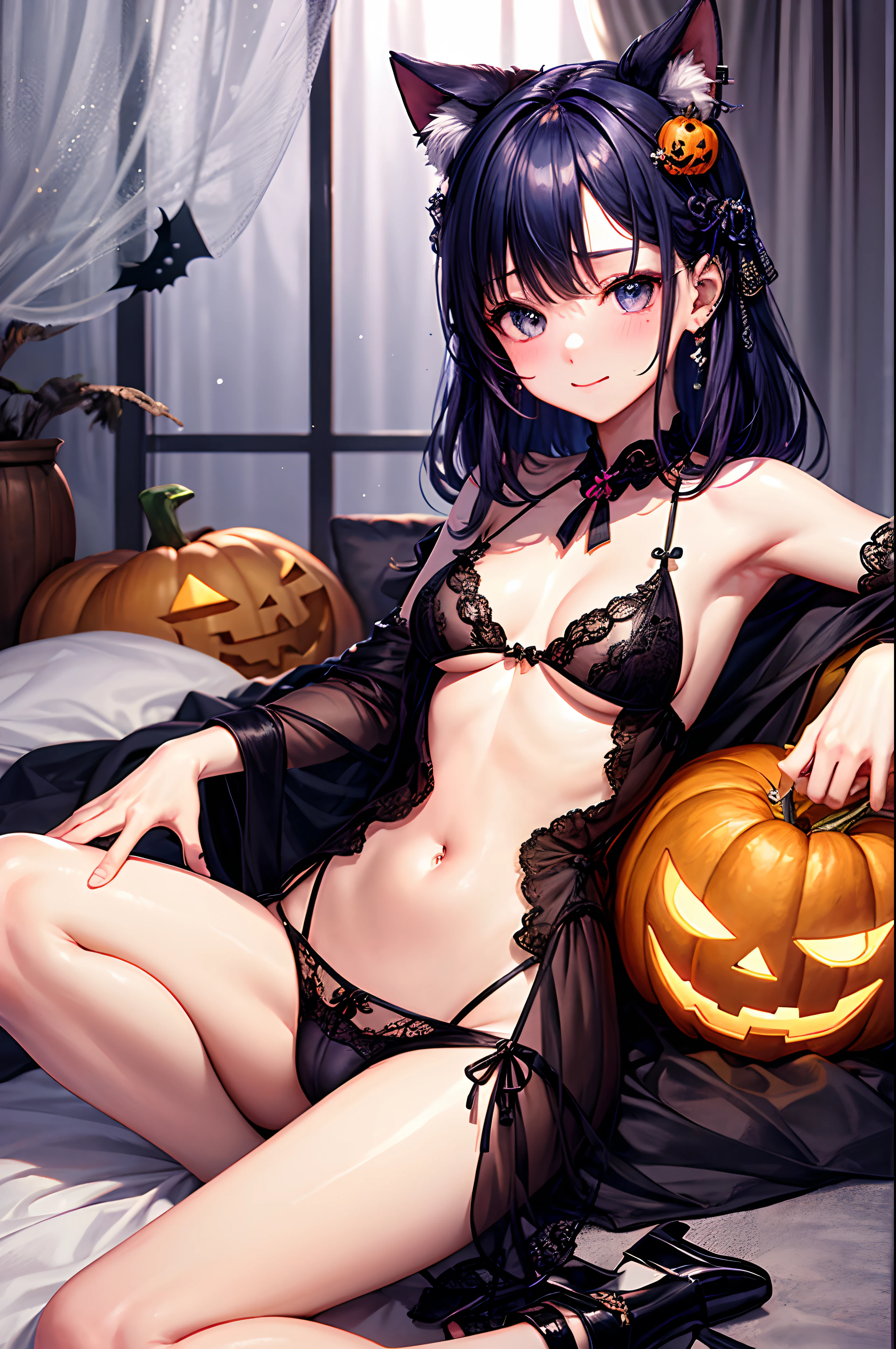 realisitic、top-quality、女の子 1 人、18year old、Fancy Color Hair、piercings、Shy face、Halloween、fancy dress、Fancy underwear、beautiful boob 、selfee、Nyan Nyan Pose、hotels room、Particles of light、profetional lighting