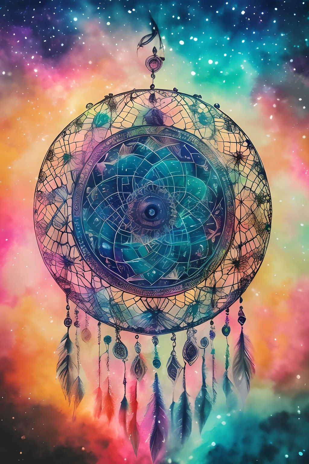 (best quality, master part:1.2), Foco suave, Aquarela gradiente brilhante, sonhador, fundo branco, Melancholic Field of Roses, Photorealistic Cosmic Sky, artistic, psicodelic, Chuva incandescente, A dreamcatcher who turns to cosmic ashes