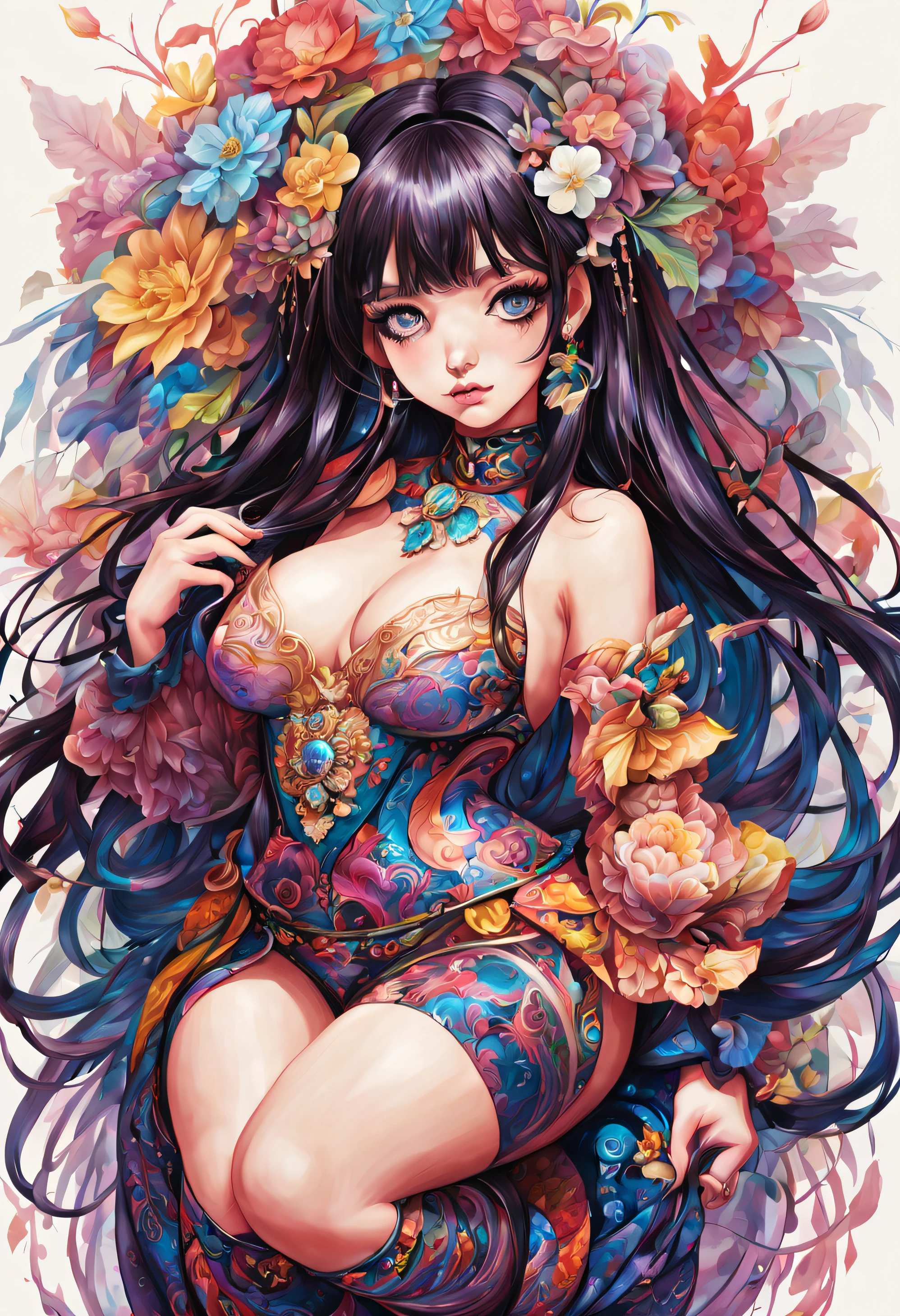 Cute colorful magical geisha
,sparkles, Holographic filigree, goth girl, corset, large breasts, plus size, curvy, flowing hair. reflective eyes, intricate extremely hyperdetailed, filigree, looks into the camera, big round detailed eyes, cute, adorable, cute, flowers, very fluffy, detailed eyes, magic, surrealism, fantasy, digital art, by Ross Tran, lop-eared, Artgerm and James Jean, Brian Froud, , Naimi Kanani intricate art masterpiece, golden ratio, intricate art station trend,highly detailed,ultra-high quality,