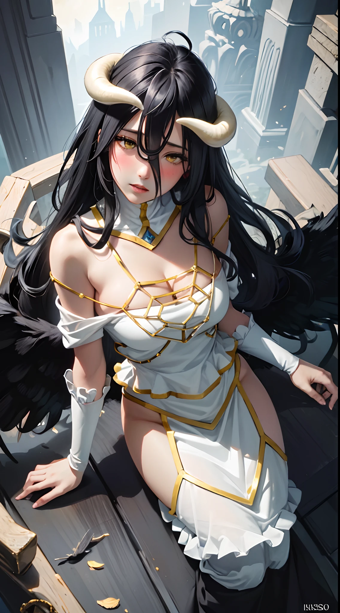 masterpiece, best quality, ultra-detailed, illustration, epic lighting, cinematic composition, isometric,(hexagon:1.2), 1girl, horns, solo, yellow eyes, black hair, long hair, (low wings:1.2), slit pupils, cleavage, bare shoulders, hair between eyes, medium breasts, (white dress:1.1), gold trim, detached collar, sitting, kneeling, looking at viewer, half-closed eyes, (looking at viewer:1.1), parted lips, blush, black feathers falling, throne room, particle effects, (8k:1.1)