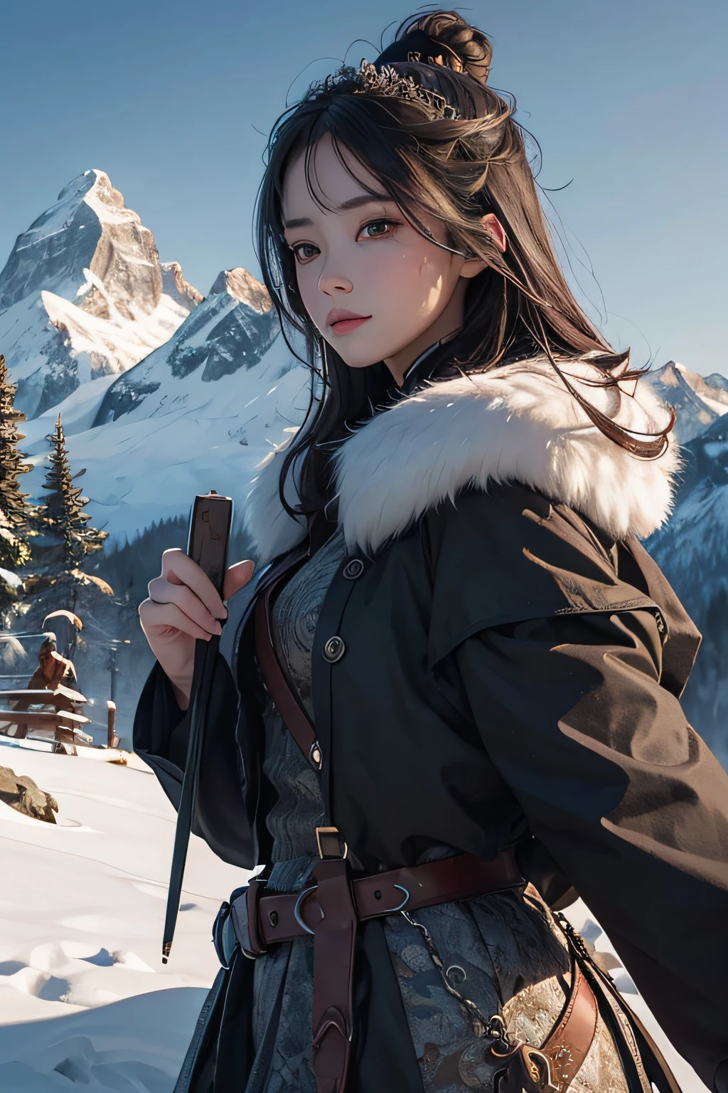((master piece)),Best quality, illustration, Dark, 1girll, In the wilderness,High hills,Snow-capped mountains in the distance, Castle, Beautiful detailed eyes, Beautiful detailed hair,