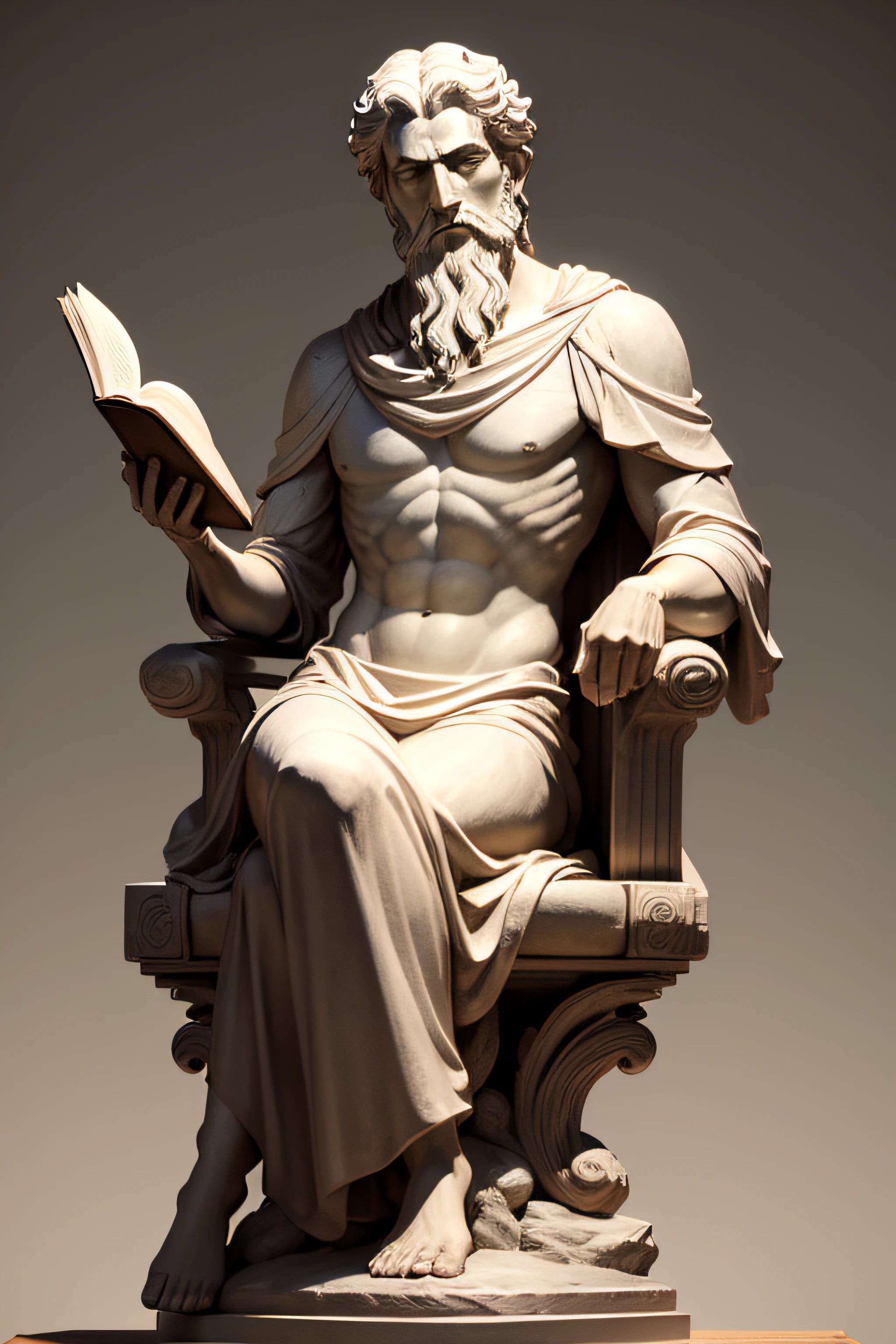 Stoic and very detailed sculpture of the philosopher Epictetus
Sitting on a stone chair, Position of authority/teaching
Holding an open book titled "The Handbook of