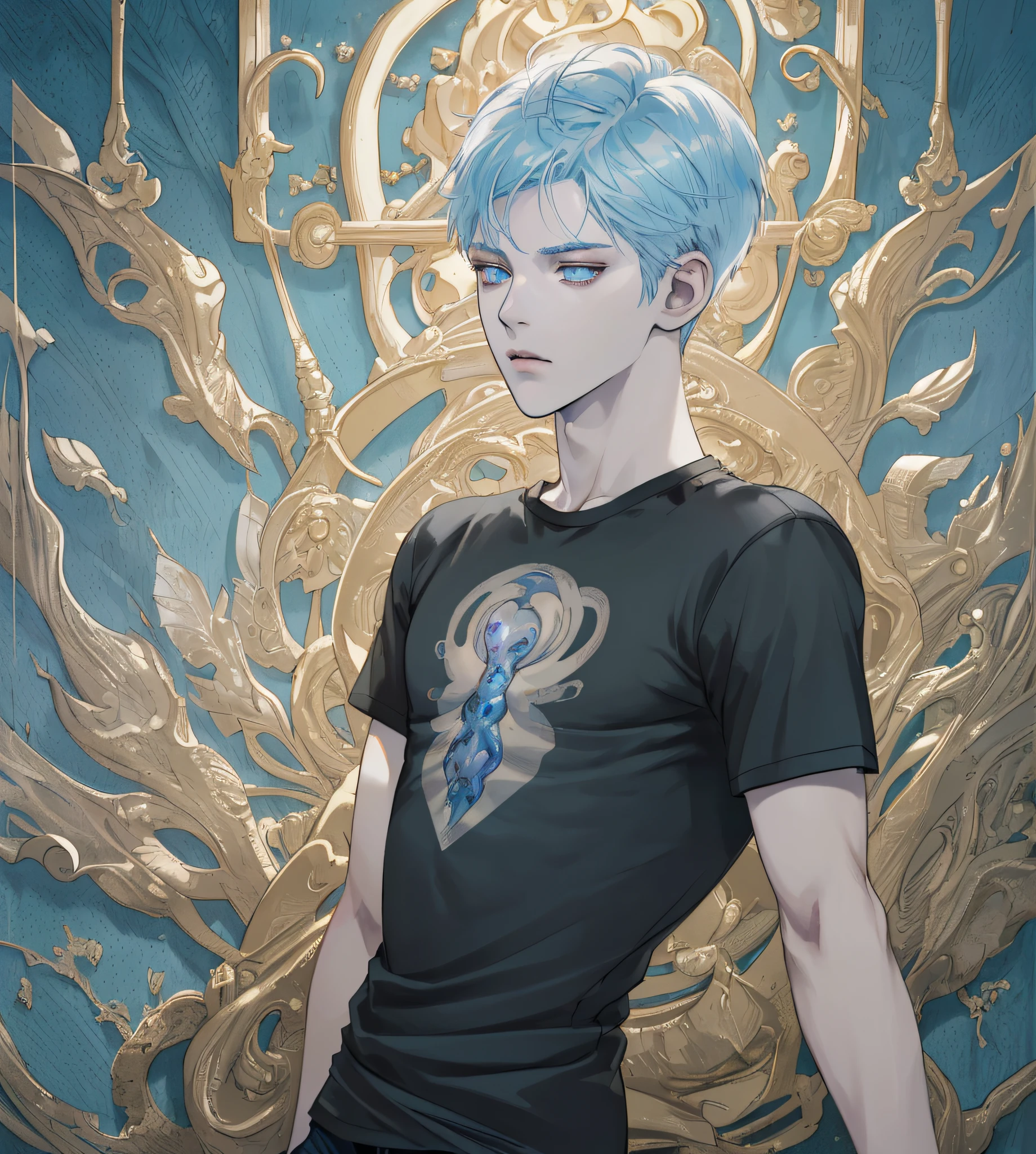 ((Retina)), masterpiece, anatomically correct, textured skin, pale blue short hair MALE, golden eyes, perfect body, black t-shirt, super detail, high details, high quality, best quality, highres, 4K, (Detailed Lights, Detailed Shadows), 1Man, pearl color, anime stile, sad mood