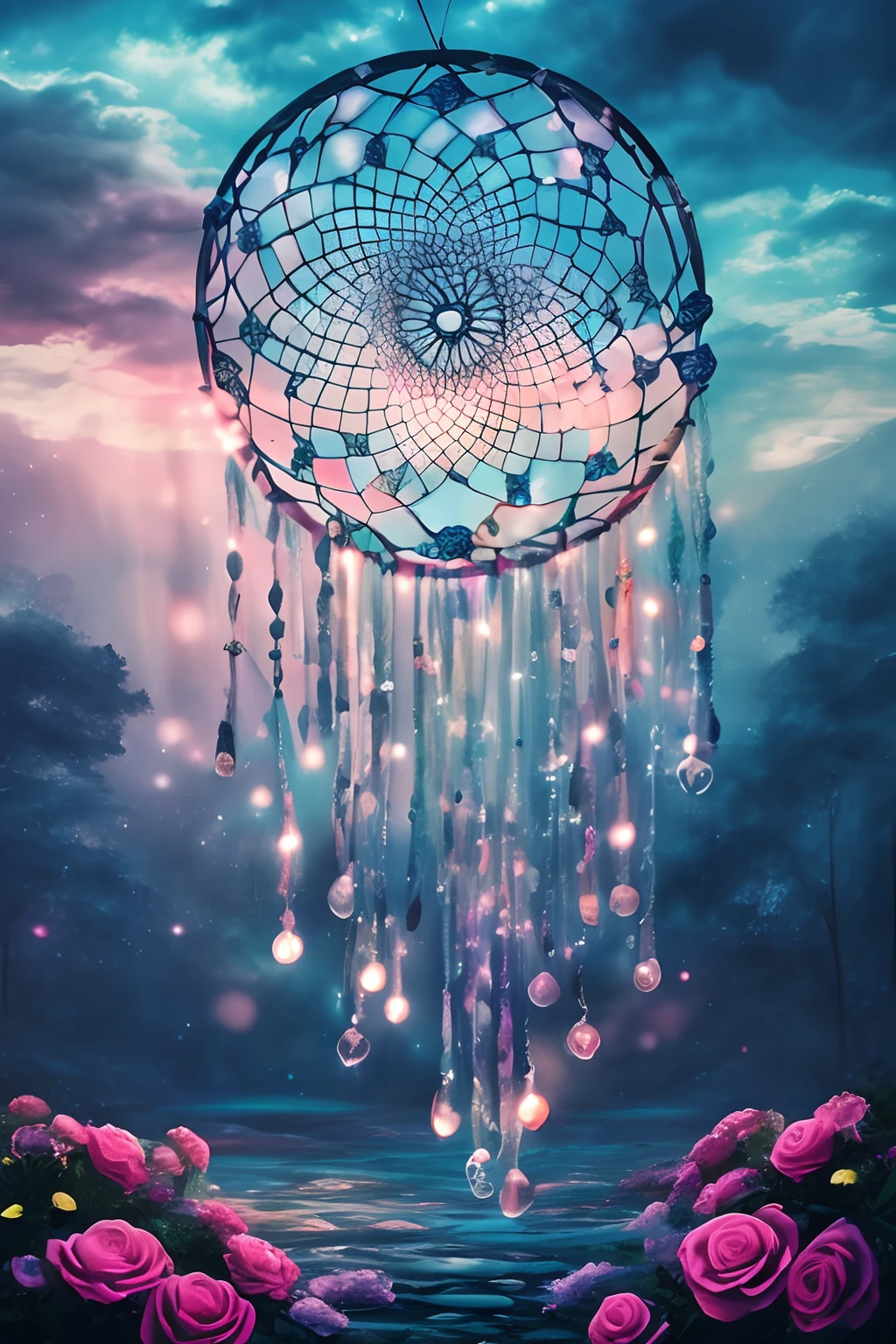 (best quality, master part:1.2), Foco suave, Aquarela gradiente brilhante, sonhador, fundo branco, Melancholic Field of Roses, Photorealistic Cosmic Sky, artistic, psicodelic, Chuva incandescente, A dreamcatcher who turns to cosmic ashes