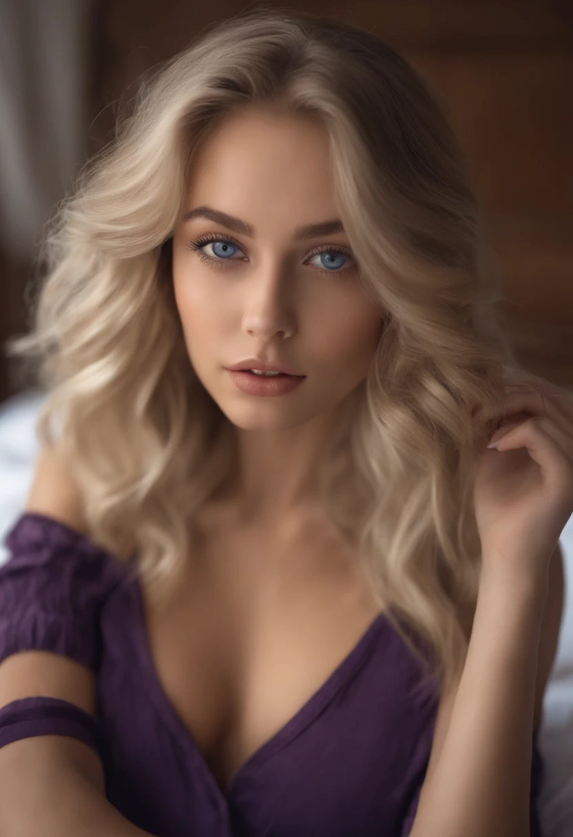 Arafed woman in full , Sexy girl with blue eyes, ultra realistis, Meticulous detail, portrait sophie mudd, blonde hair and large eyes, selfie of a young woman, bedroom eyes, violet myers, no makeup, natural makeup, looking straight at camera, face with artgram, fine makeup, Stunning full-length shot, kneeling on the bed, in bedroom, Medium to large size bust