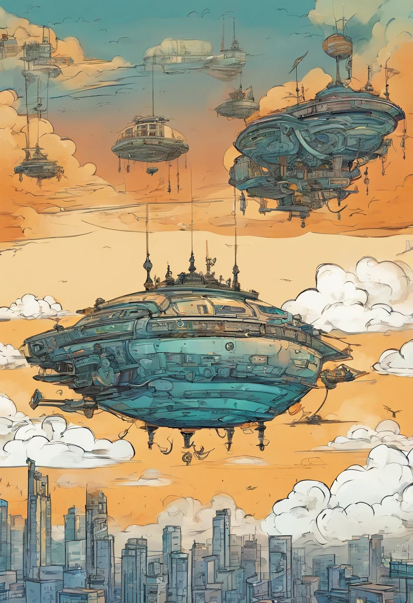 Chinese ink style, Steampunk world, musical studio in steampunk spaceship, Suspended in the air of the city, thick clouds, Animation art in ink, Comic ink art, Water ink, ink, stain, 8k, Delicately portrayed, Works by conductors,