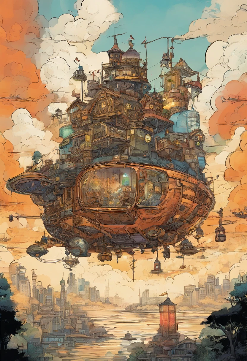 Chinese ink style, Steampunk world, musical studio in steampunk spaceship, Suspended in the air of the city, thick clouds, Animation art in ink, Comic ink art, Water ink, ink, stain, 8k, Delicately portrayed, Works by conductors,