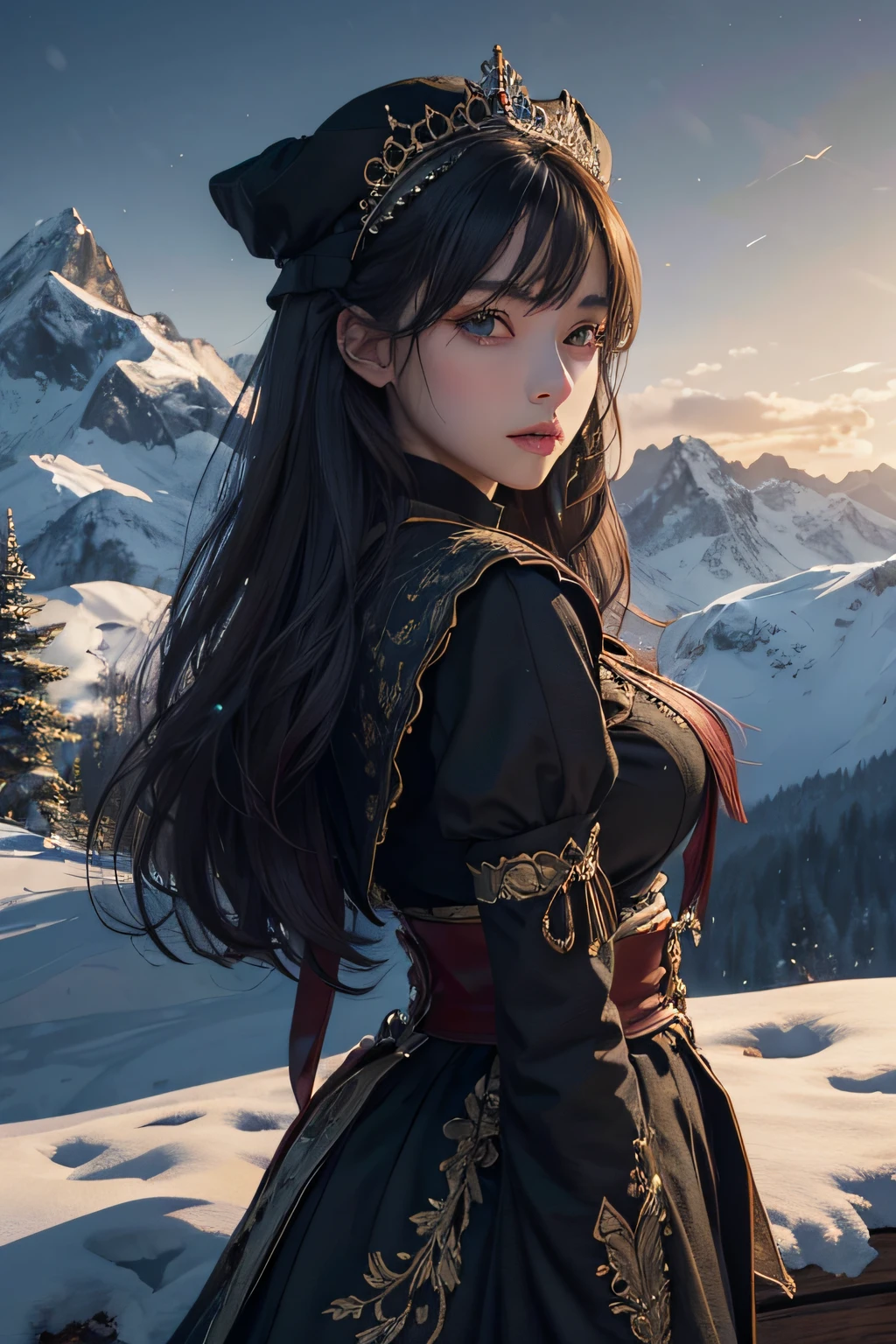 ((master piece)),Best quality, illustration, Dark, 1girll, In the wilderness,High hills,Snow-capped mountains in the distance, Castle, Beautiful detailed eyes, Beautiful detailed hair,