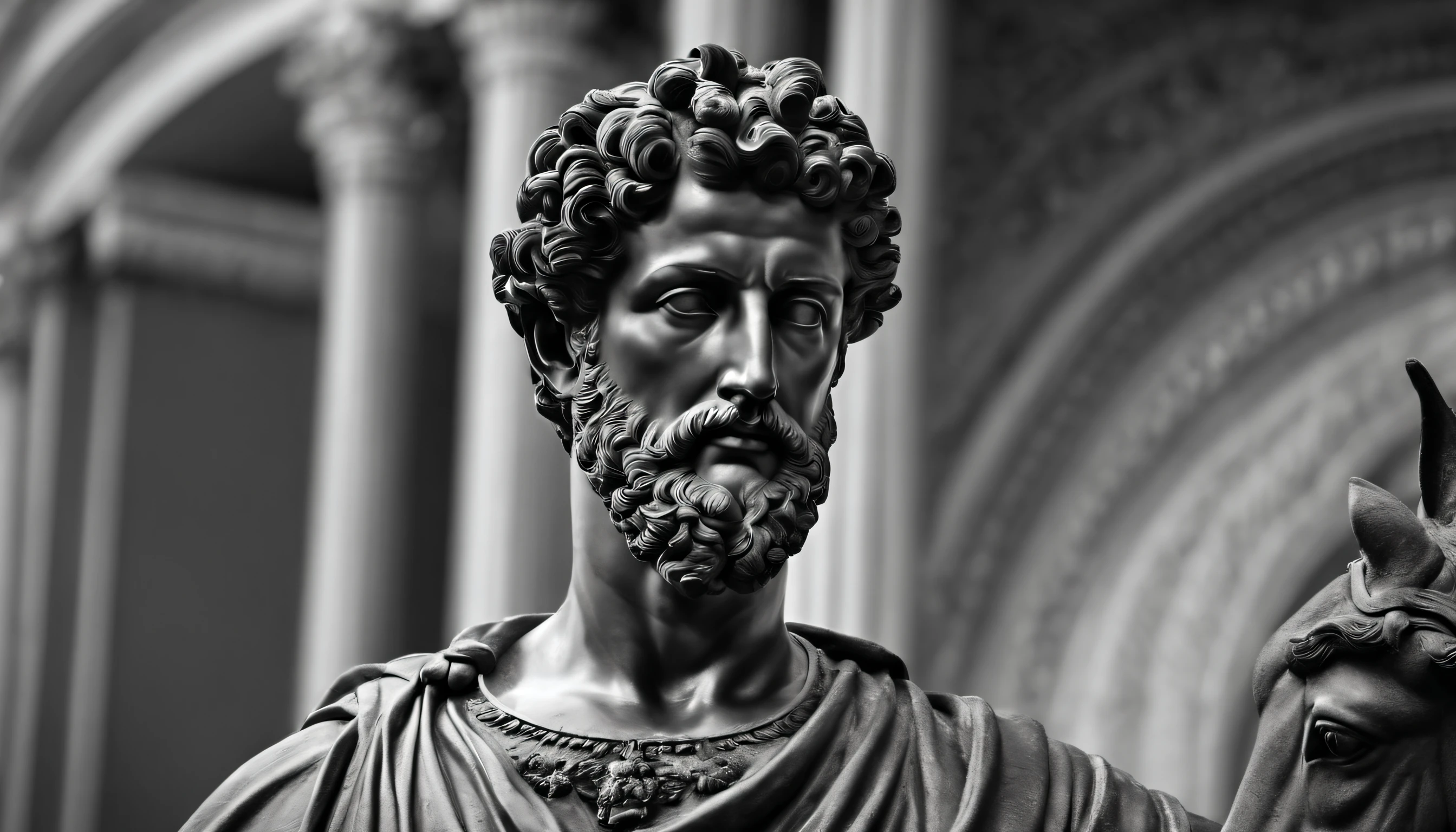 a portrait statue of the stoic Marcus Aurelius in black and white 4K,Face de lado, papel de parede super realista,homem forte,musculoso