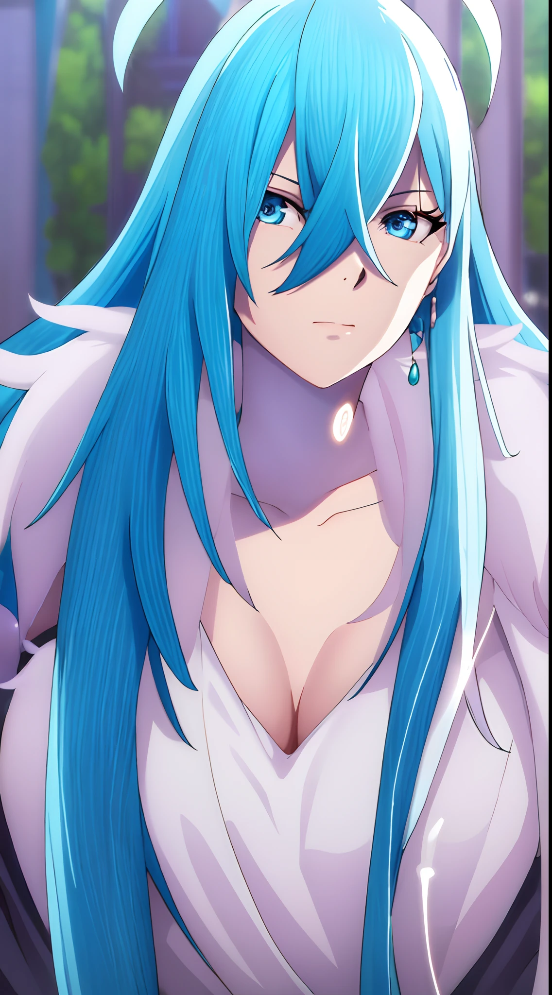 closed mouth, blue eyes, blue hair, upper body, long hair, close-up, (detailed eyes:1.1),
standing, medium breasts, looking at viewer, white gloves, collarbone, indoors, face,
(high quality, highres, best quality:1.2), 4k, 1girl, simple background, solo, ahoge, symbol on neck, bangs, hair between eyes, jewelry, closed mouth,lips, earrings, fur coat, portrait, night,outdoors,
