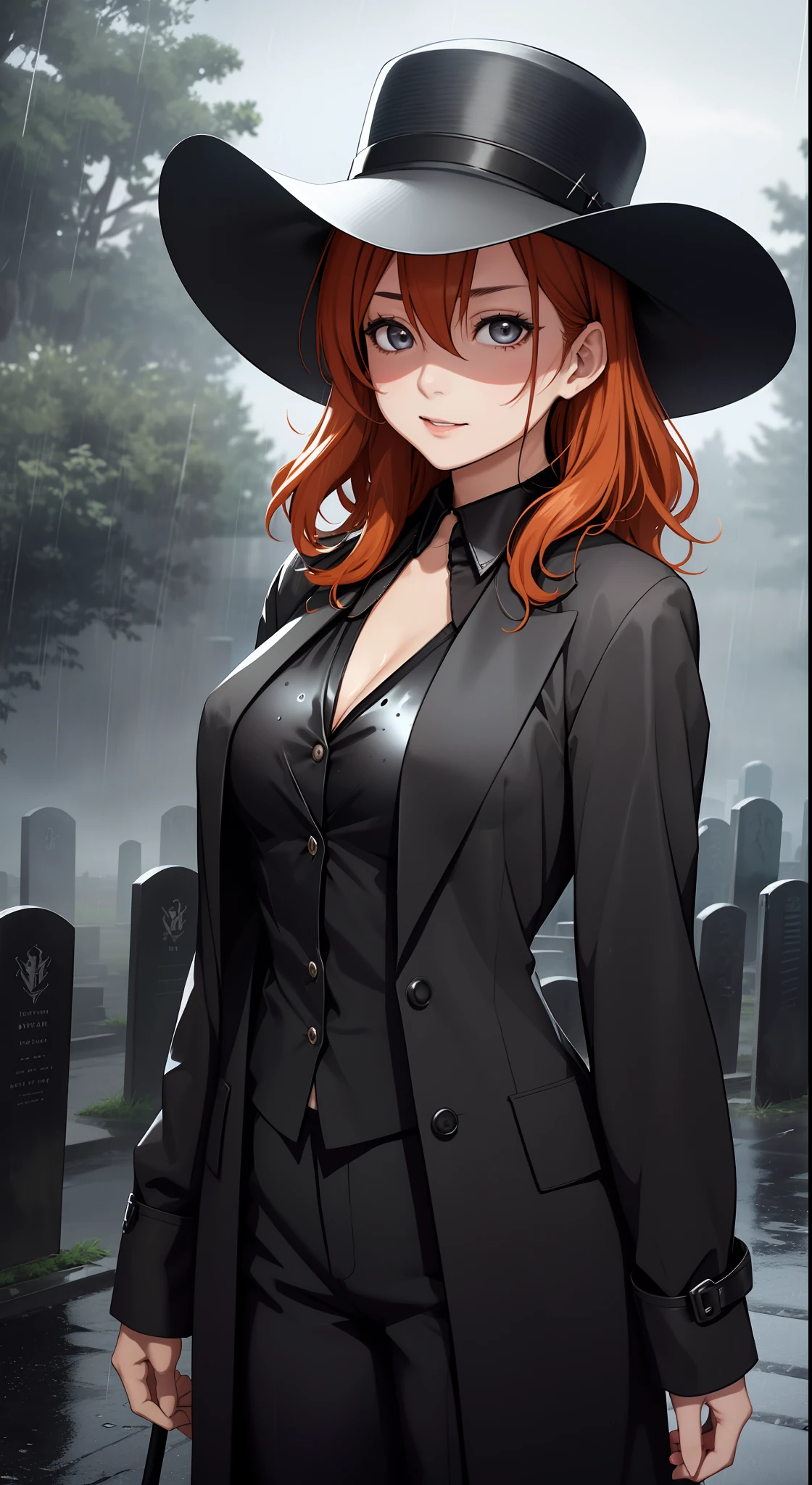 Kousaka honoka, black tank top,black suit pants, long black coat,Wide Brim Open Crown Hat , realistic art,rainy night, thunder blots,in graveyard, (orange hair:0.7), undertaker cosplay