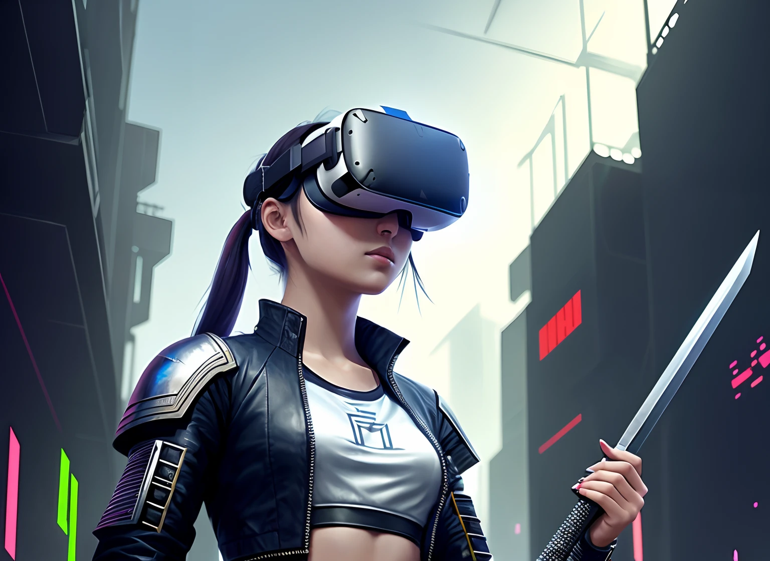 Girl with virtual reality glasses holding scales in her right hand, And in the left sword. The general style of the painting is cyberpunk